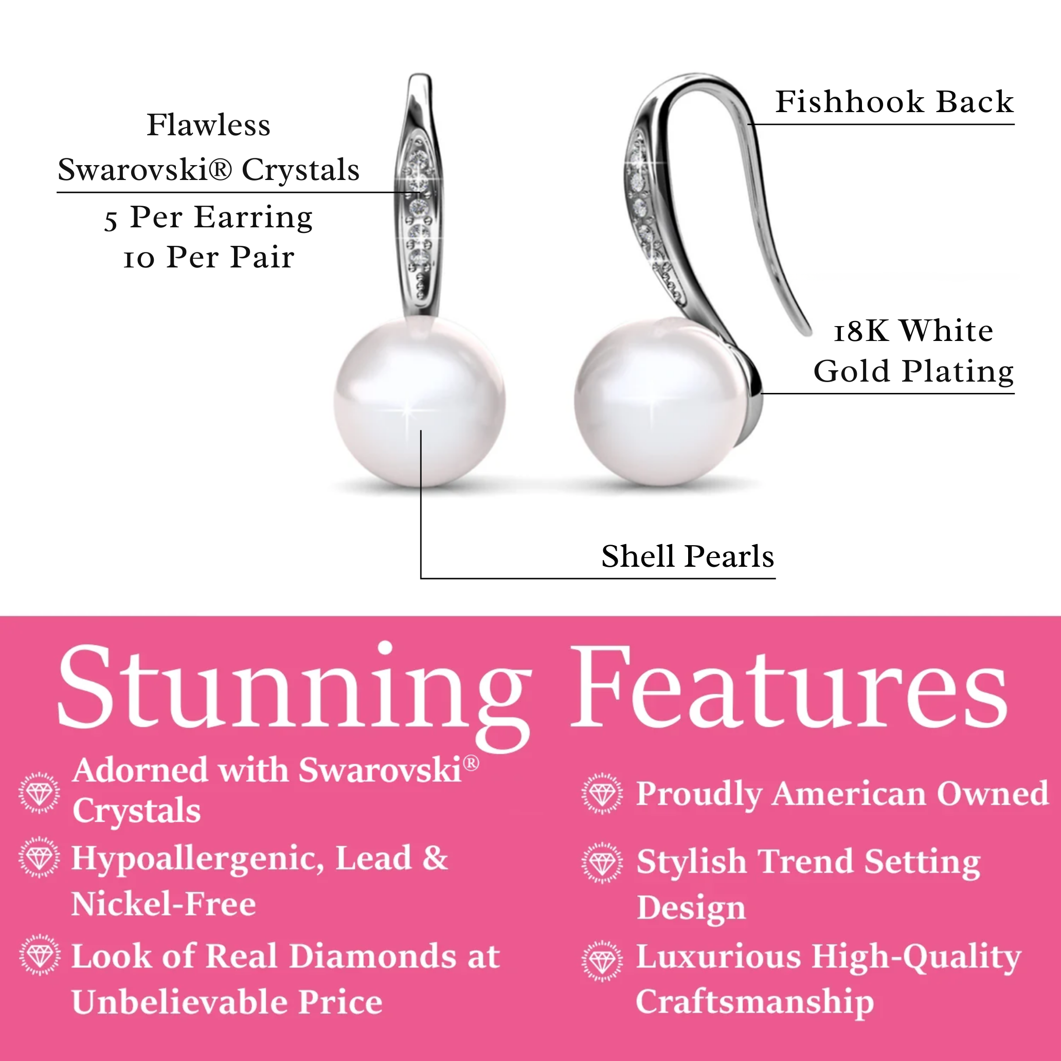 Ann 18k White Gold Freshwater Pearl Drop Earrings with Swarovski Crystals