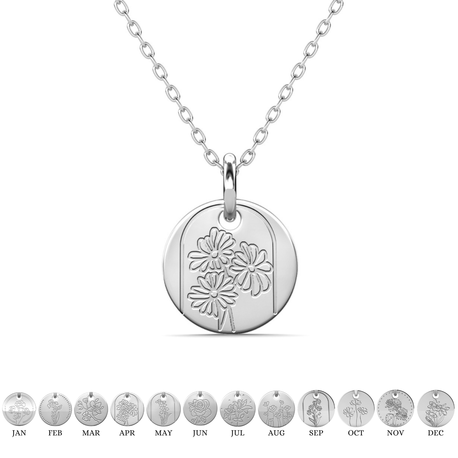 Floral 18k White Gold Plated Engraved Birth Month Flower Pendant Necklace