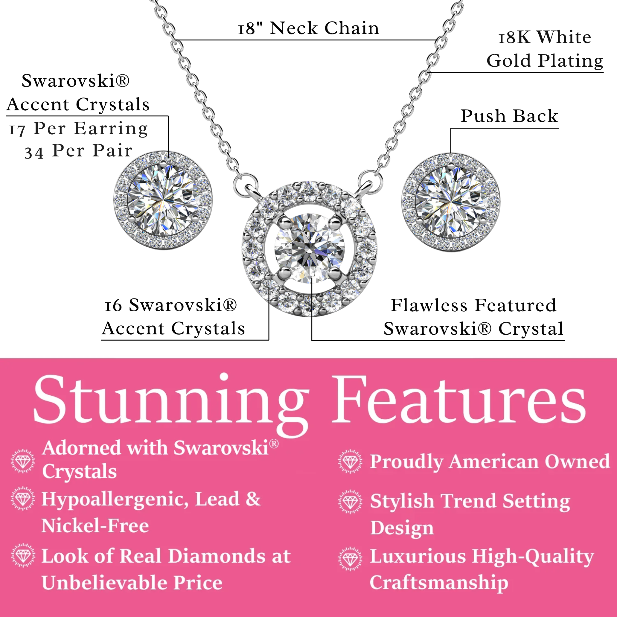Royal Birthstone 18k White Gold Plated Halo Stud Earrings and Necklace Set with Swarovski Crystals