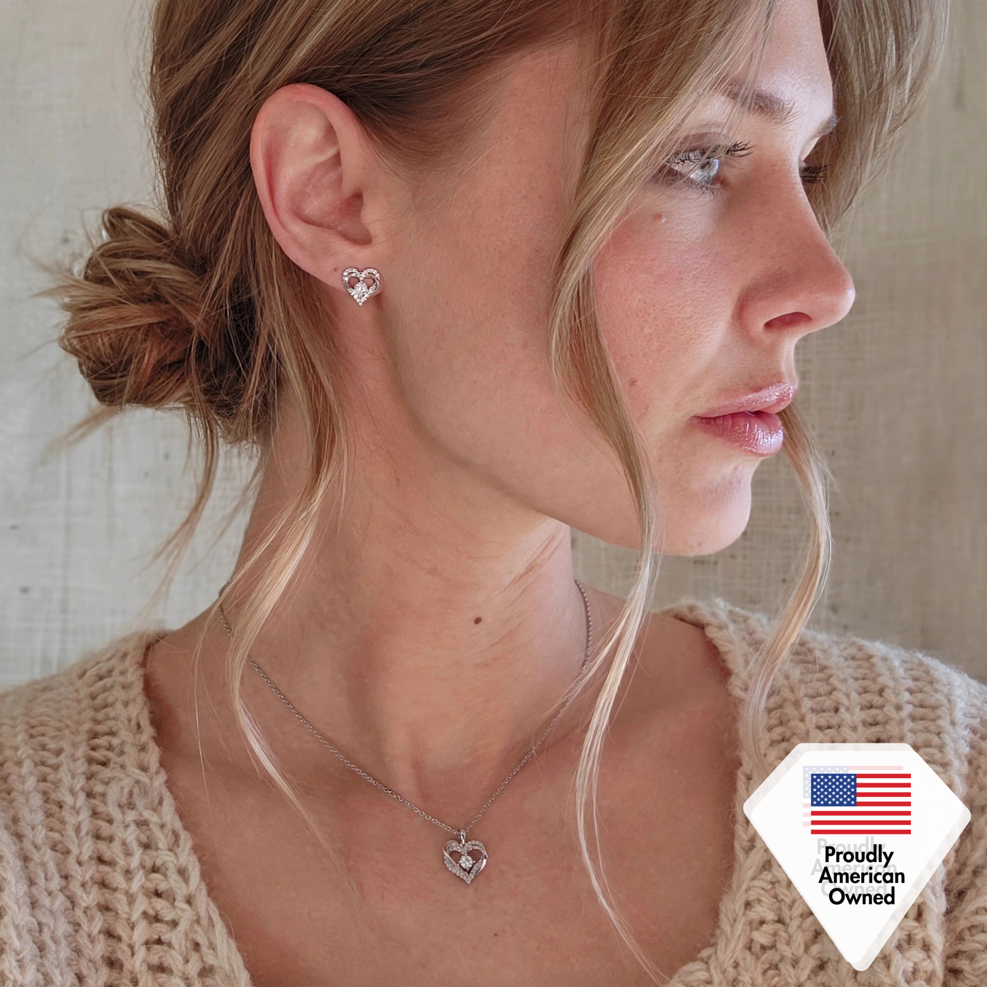 Forever Birthstone 18k White Gold Plated Silver Double Heart Earrings and Necklace Set with Swarovski Crystals