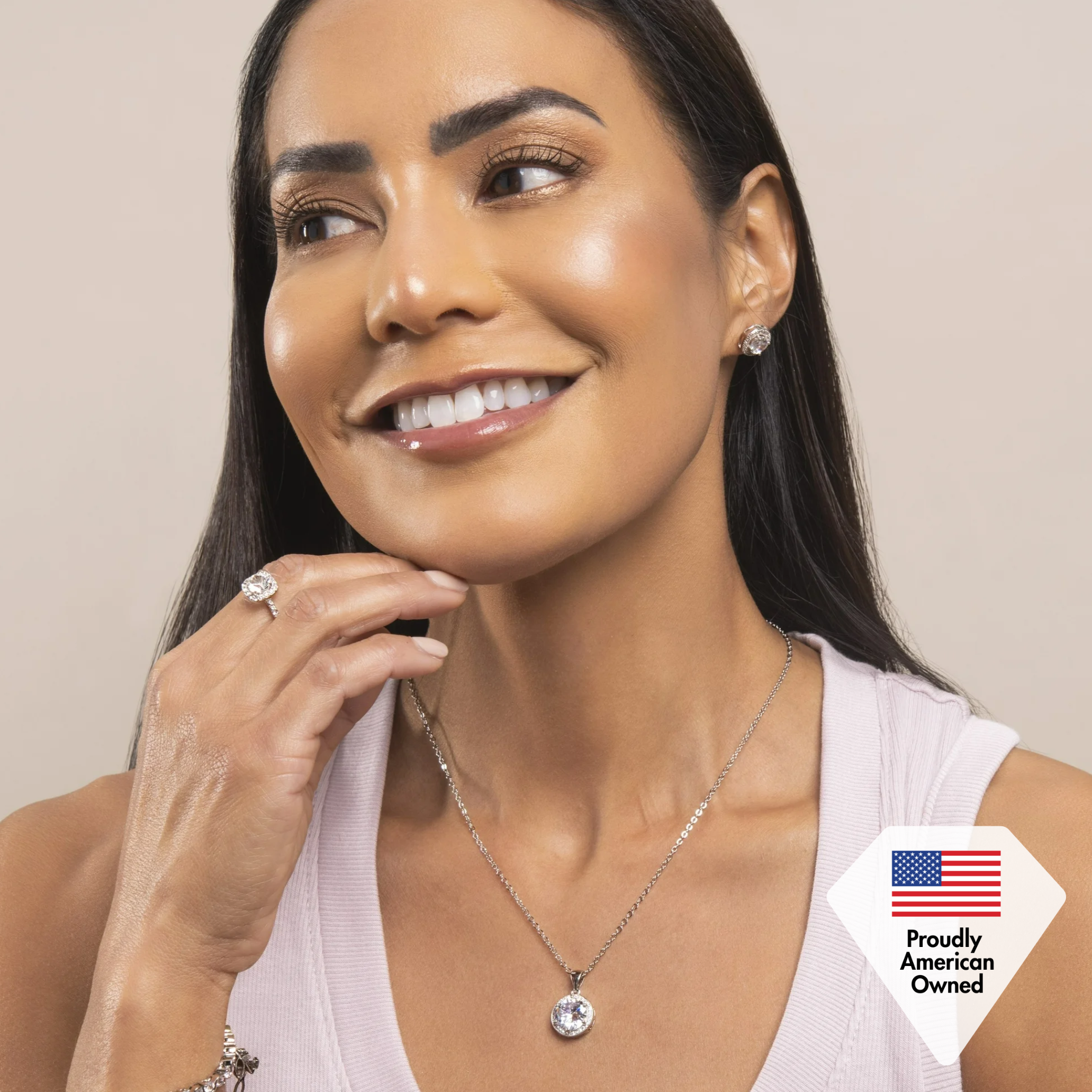 Ariel 18k White Gold Plated Halo Stud Earrings and Necklace Jewelry Set with Simulated Diamond Crystals