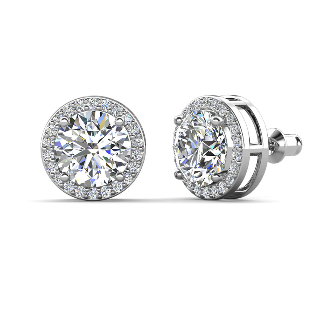 Mariah 18k White Gold Plated Round Cut Halo Stud Earrings with Simulated Diamond Crystals