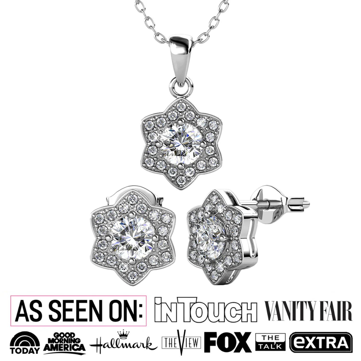 Poppy 18k White Gold Plated Pendant Necklace & Stud Earrings Set with Simulated Diamond Crystals