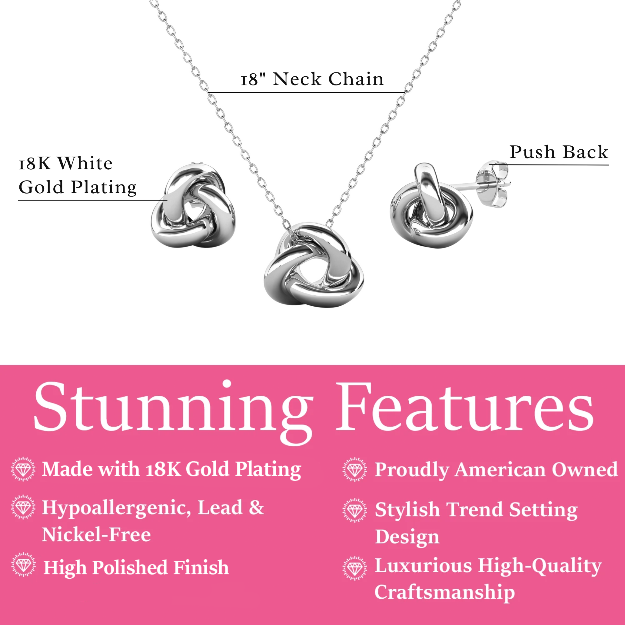 Ashley 18k White Gold Plated Knot Earrings and Necklace Jewelry Set