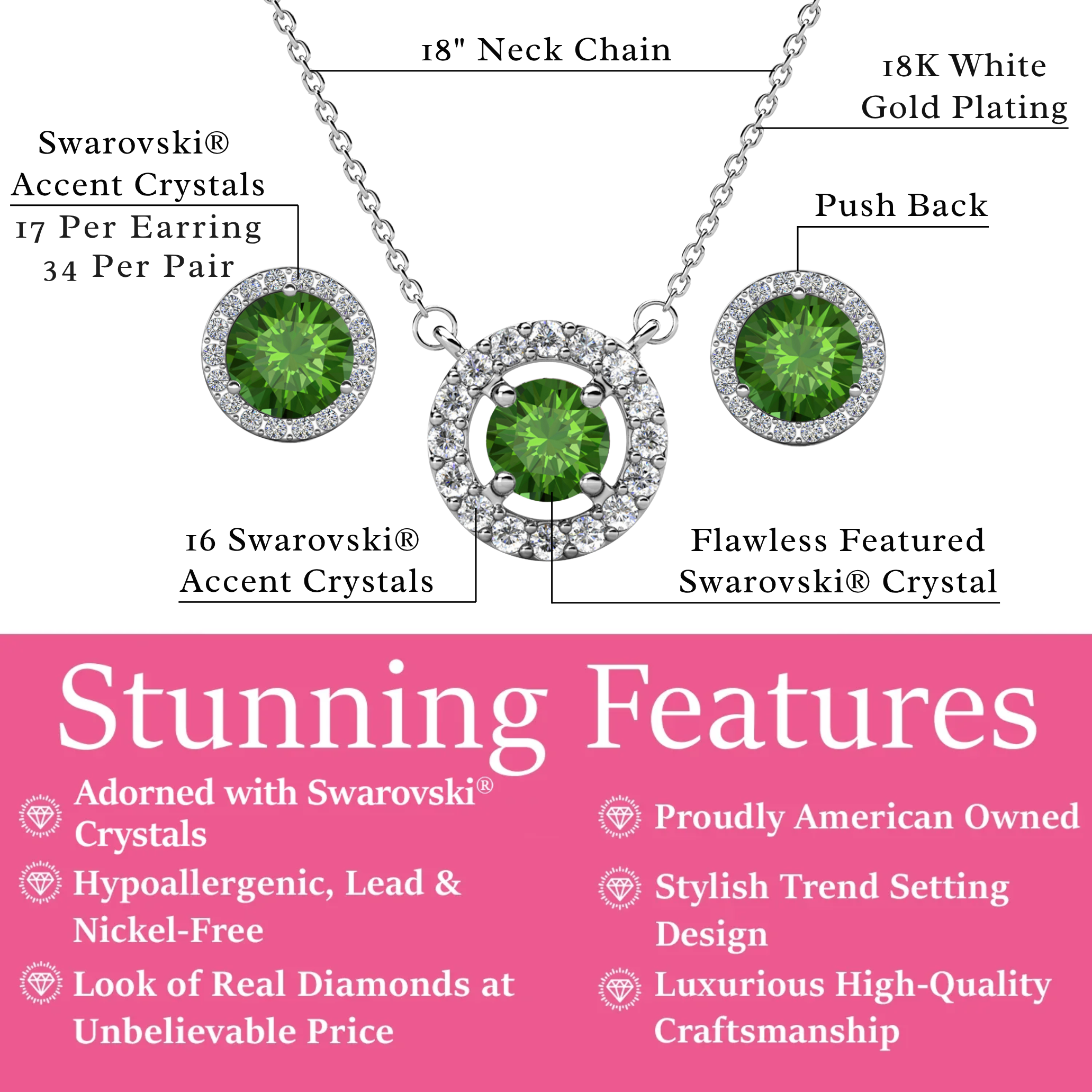 Royal Birthstone 18k White Gold Plated Halo Stud Earrings and Necklace Set with Swarovski Crystals