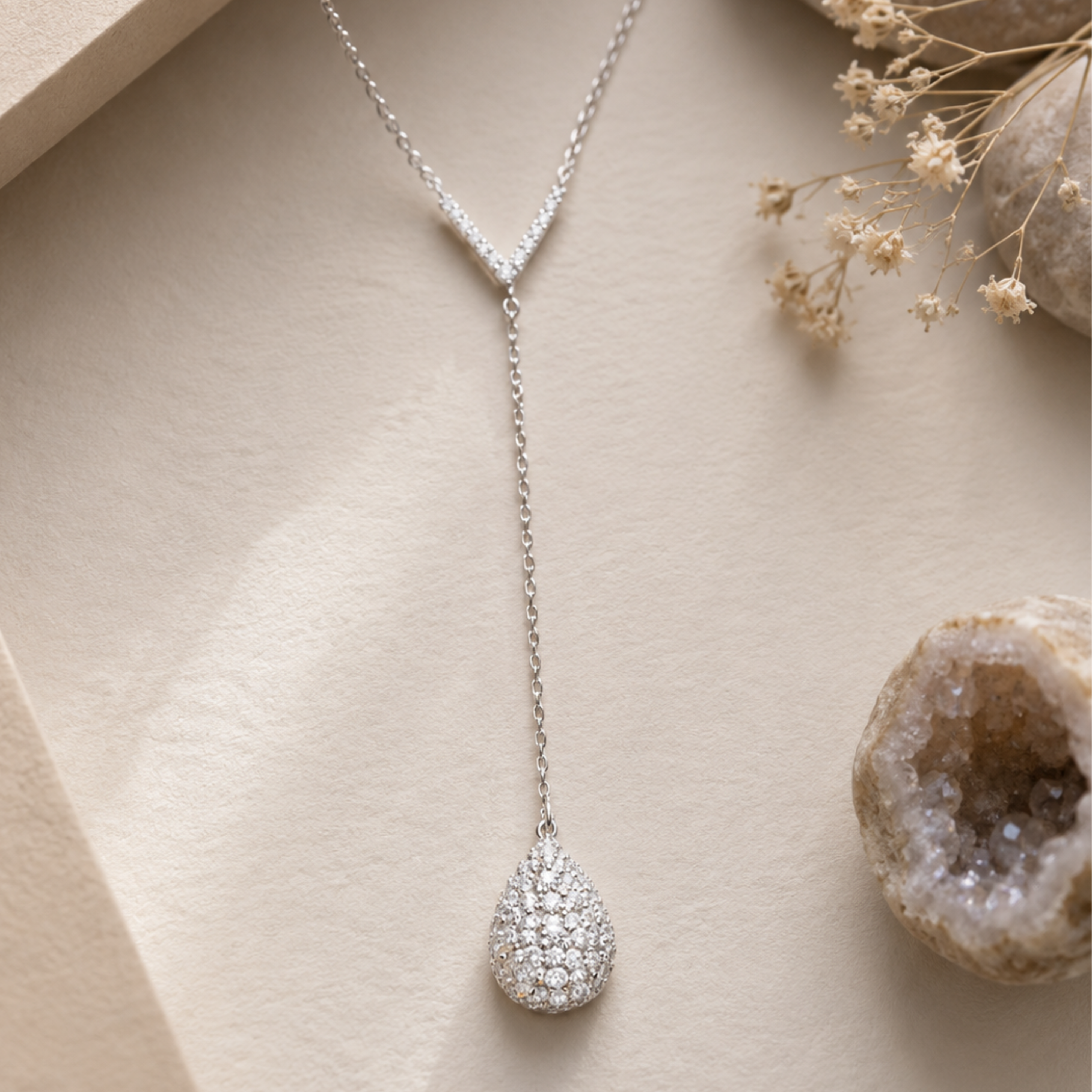 Ava 18k White Gold Plated Tear drop Y-Necklace with Simulated Diamond Crystals - FAB FAV