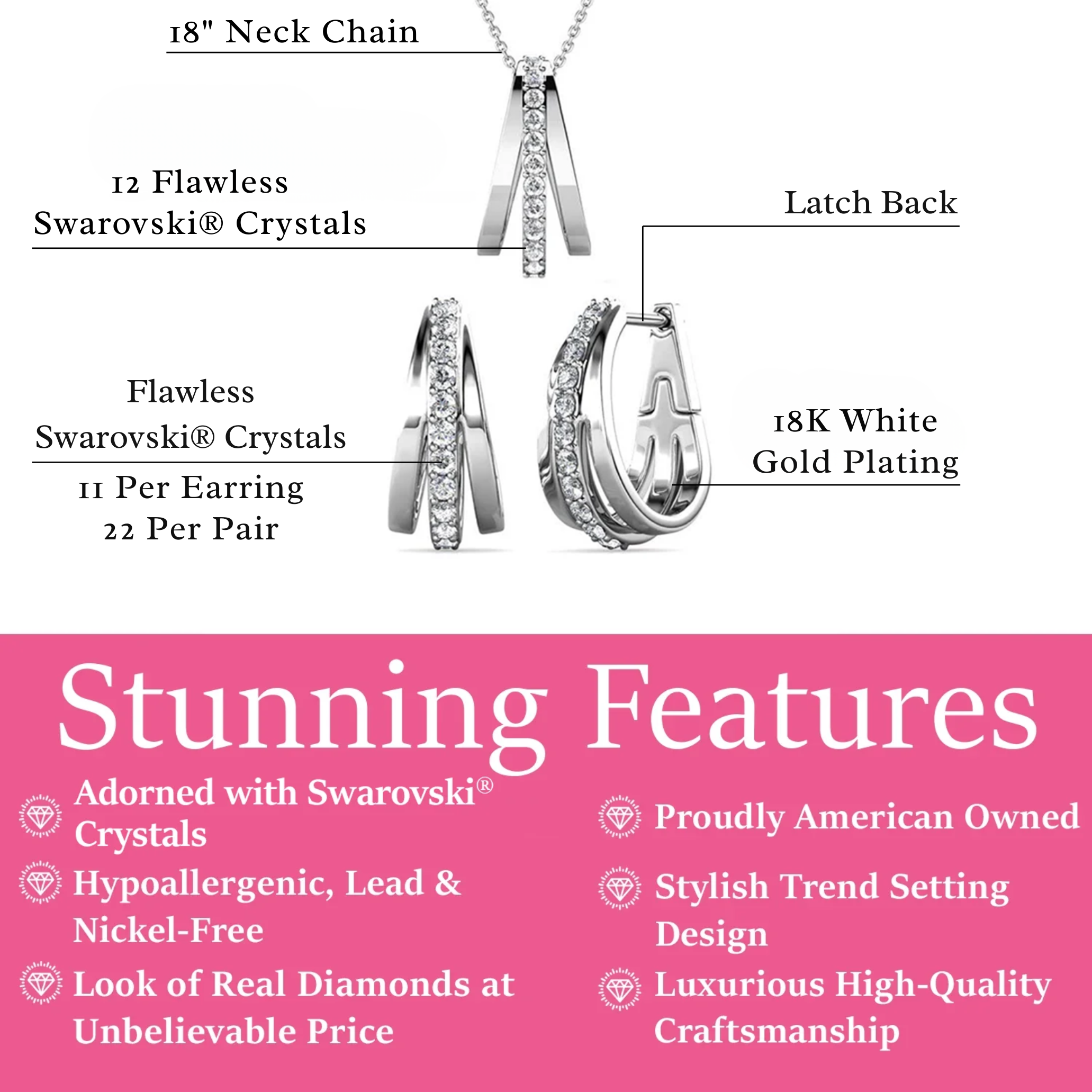 Bella 18k White Gold Necklace and Earrings Jewelry Set with Swarovski Crystals