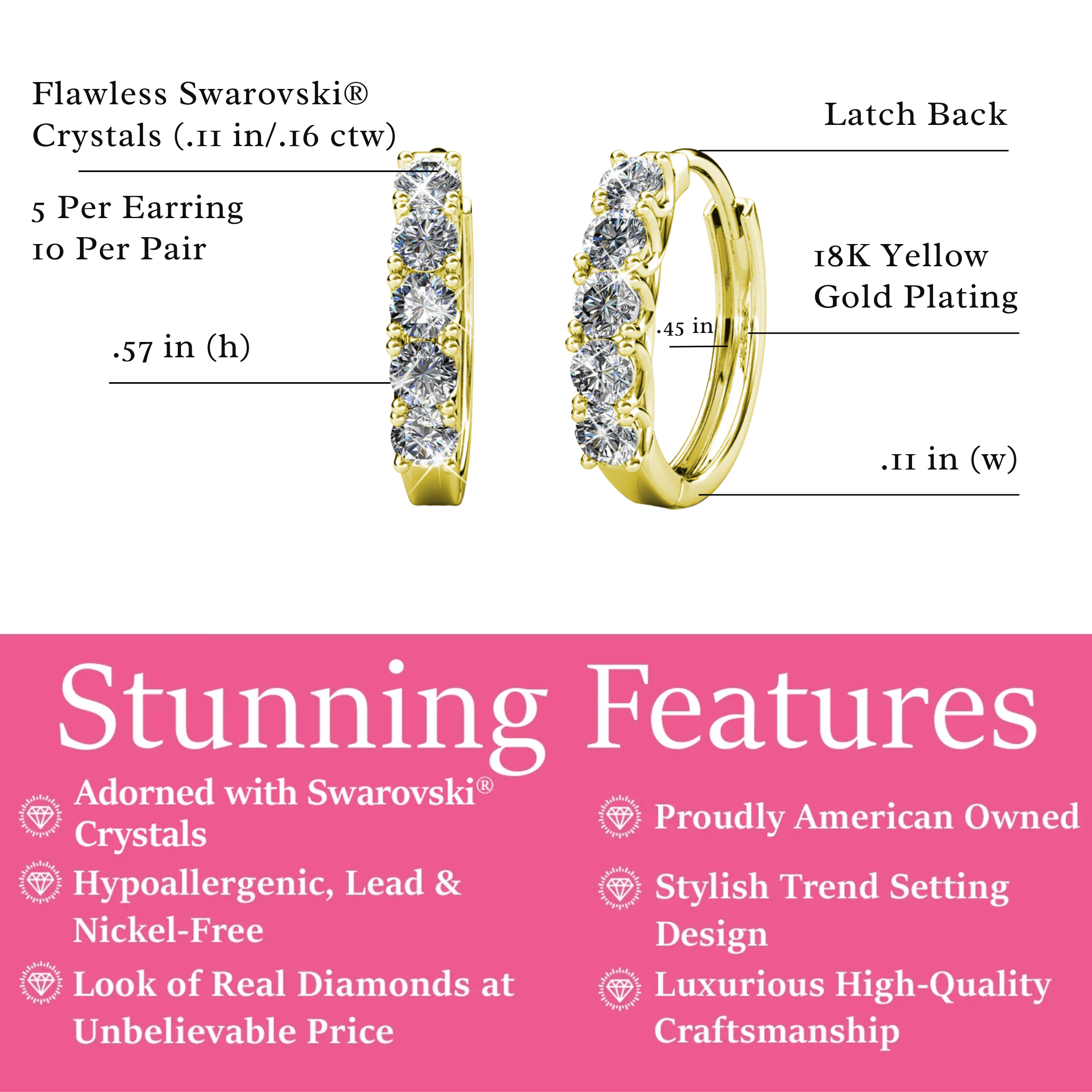 Pack of 3 - Bethany 18k Gold Plated 15mm Hoop Earrings with Swarovski Crystals