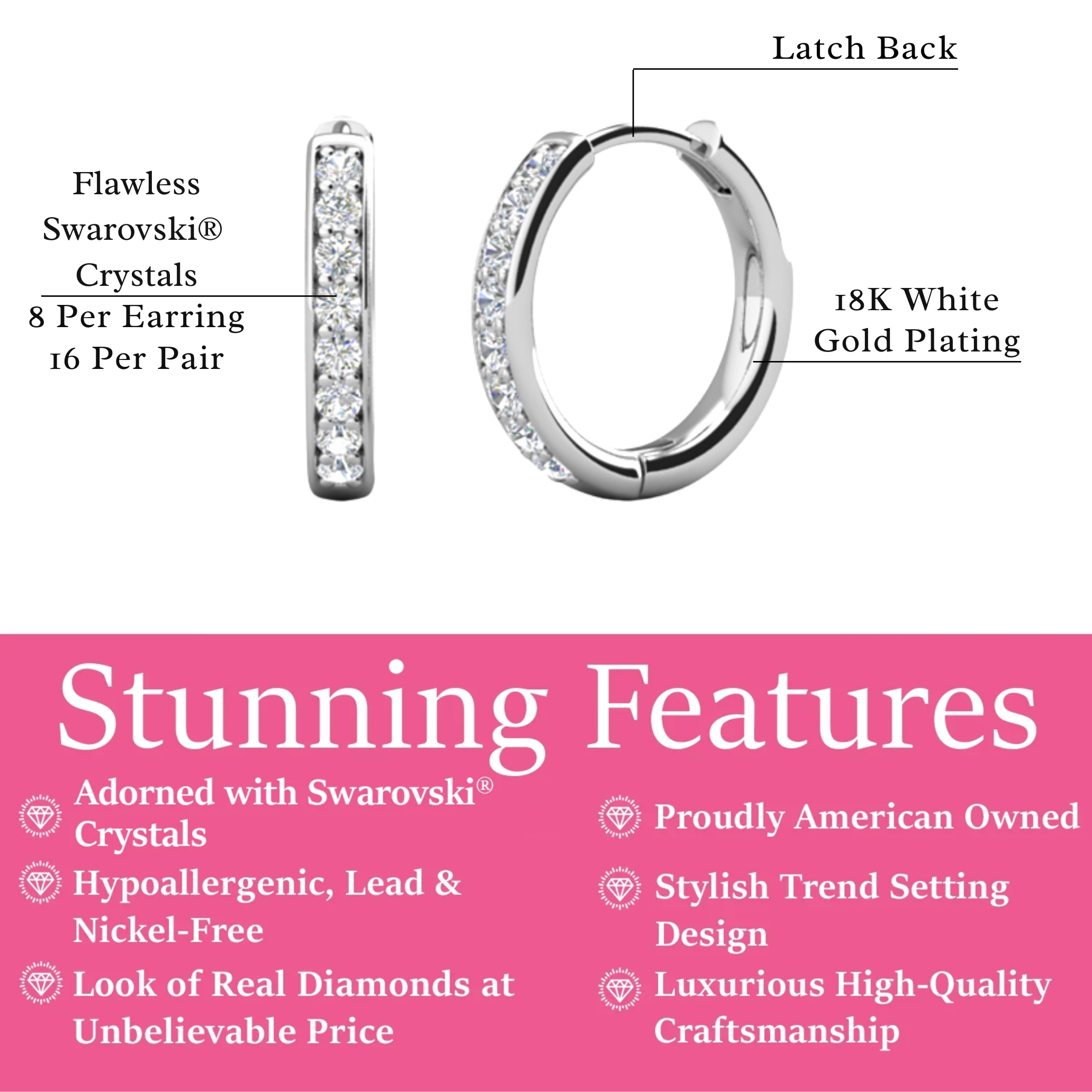 Leslie 18k White Gold Plated 14mm-40mm Hoop Earrings with Swarovski Crystals