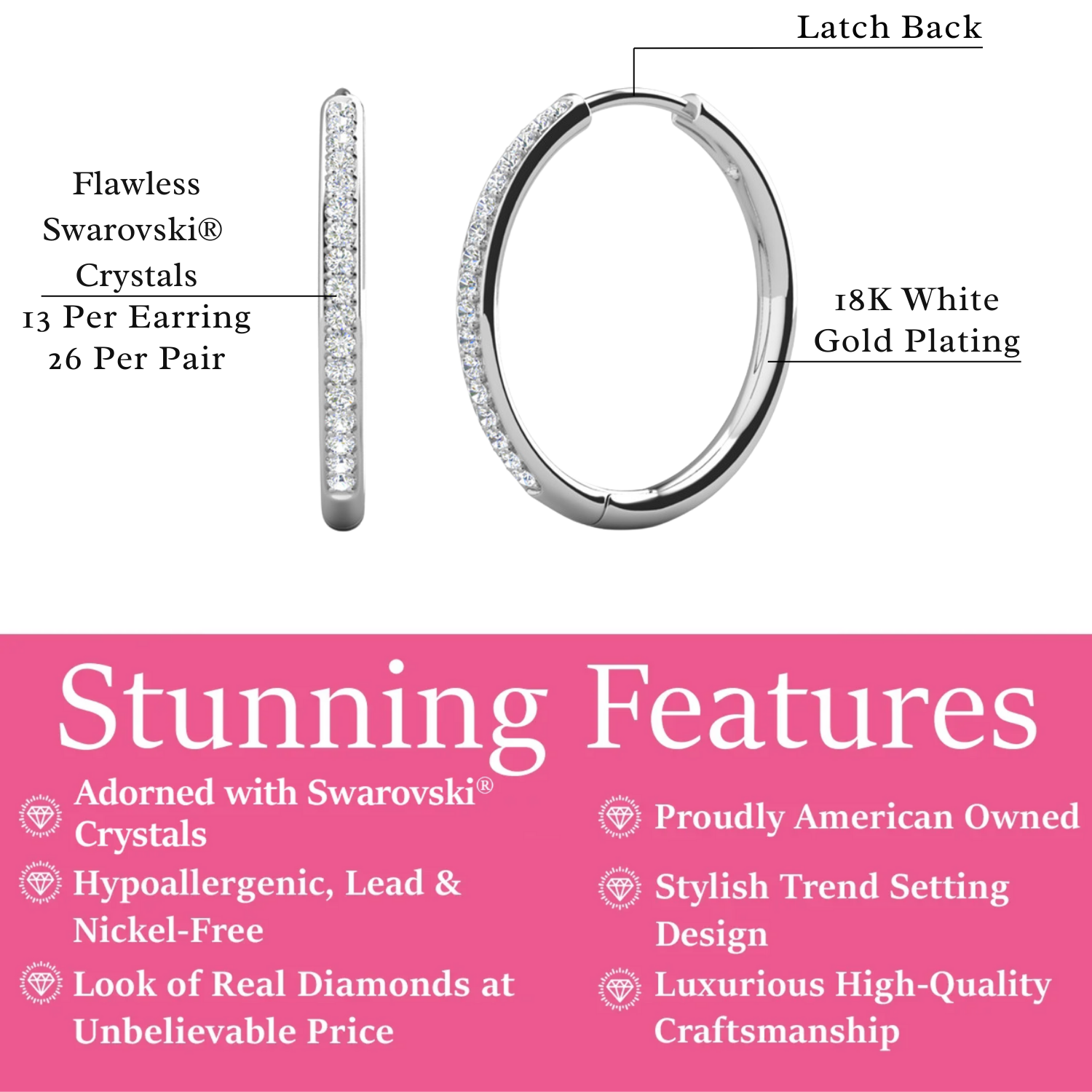 Leslie 18k White Gold Plated 14mm-40mm Hoop Earrings with Swarovski Crystals