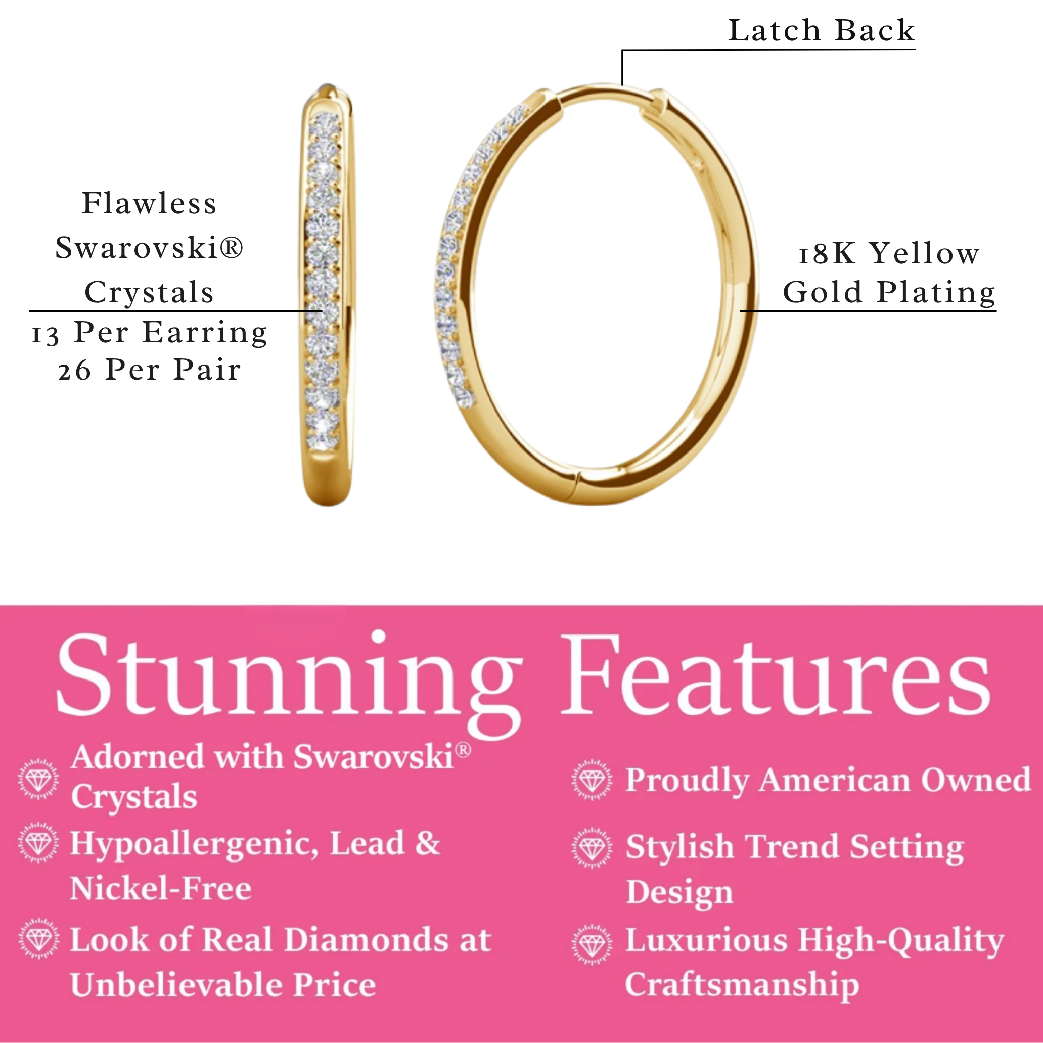 Bianca 18k White Gold Plated 25mm Silver Hoop Earrings with Swarovski Crystals