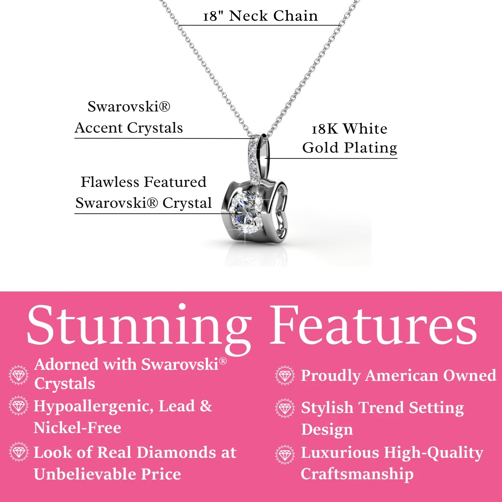 Billie 18k White Gold Pendant Necklace with Round Cut Swarovski Crystals