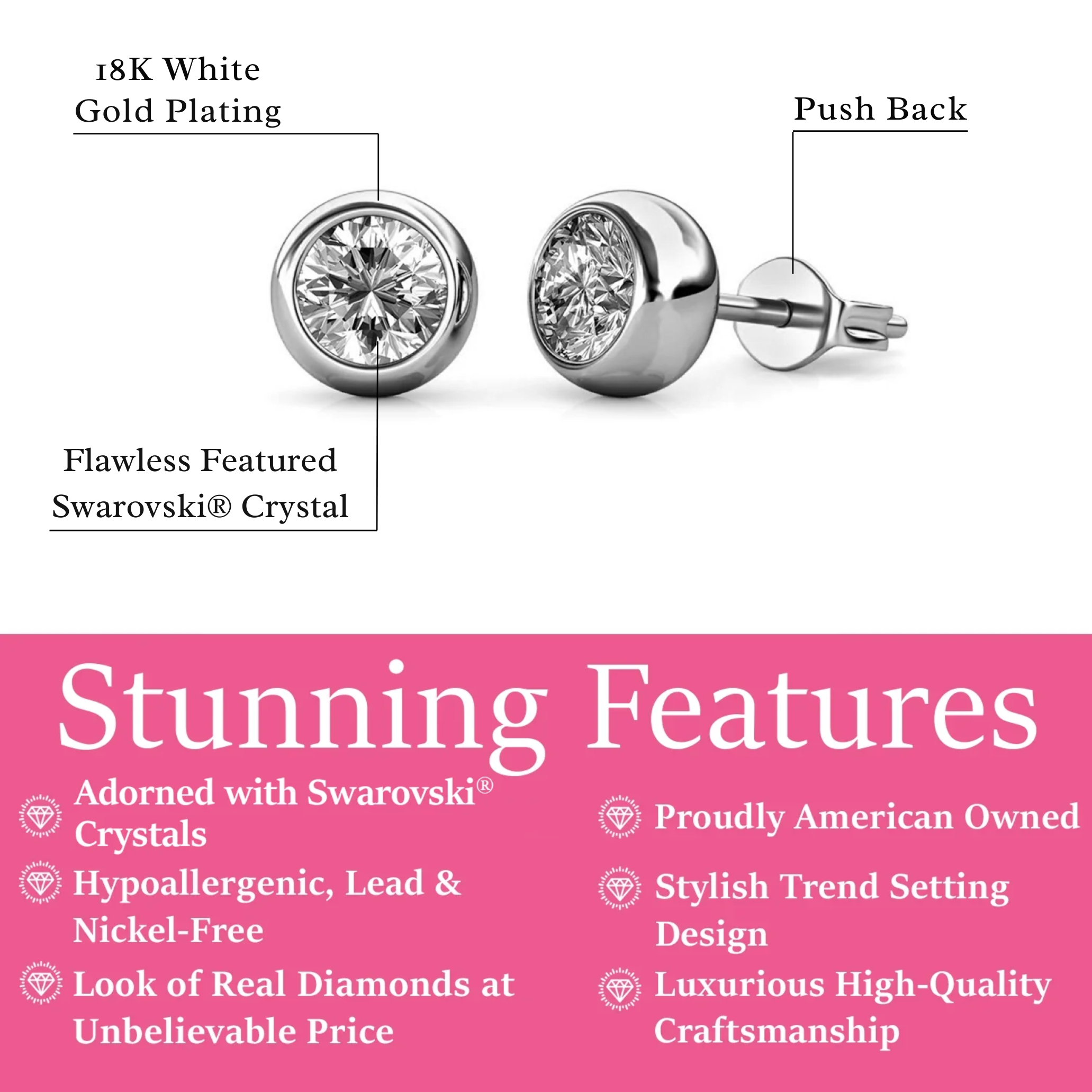 Blaire 18k White Gold Plated Stud Earrings with Round Cut Swarovski Crystals