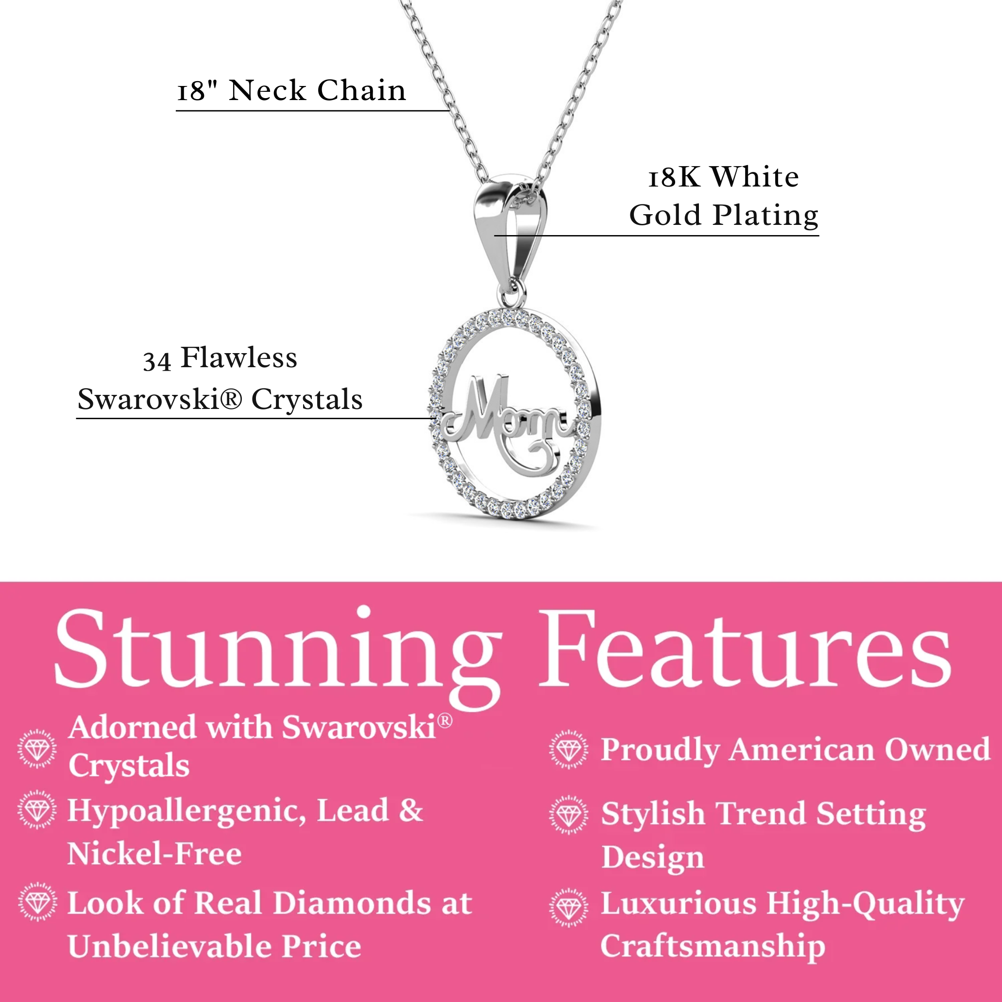 Brandy 18k White Gold Plated Circle Mom Necklace with Swarovski Crystals