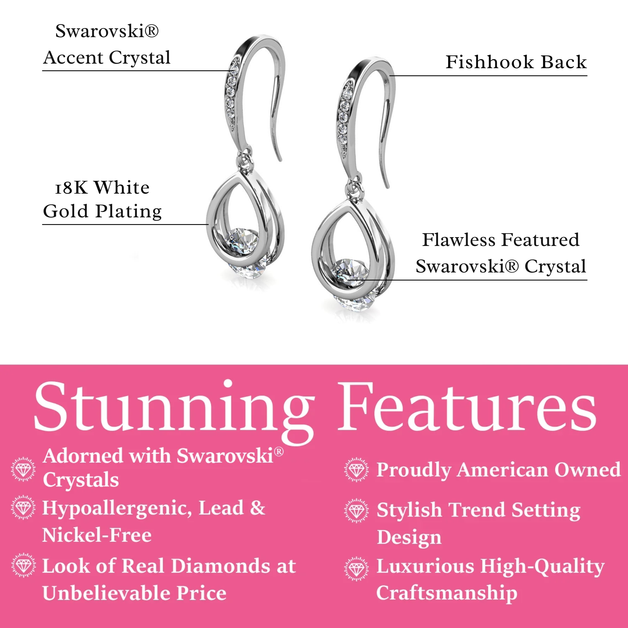 Brenda 18k White Gold Plated Drop Earrings with Swarovski Crystals