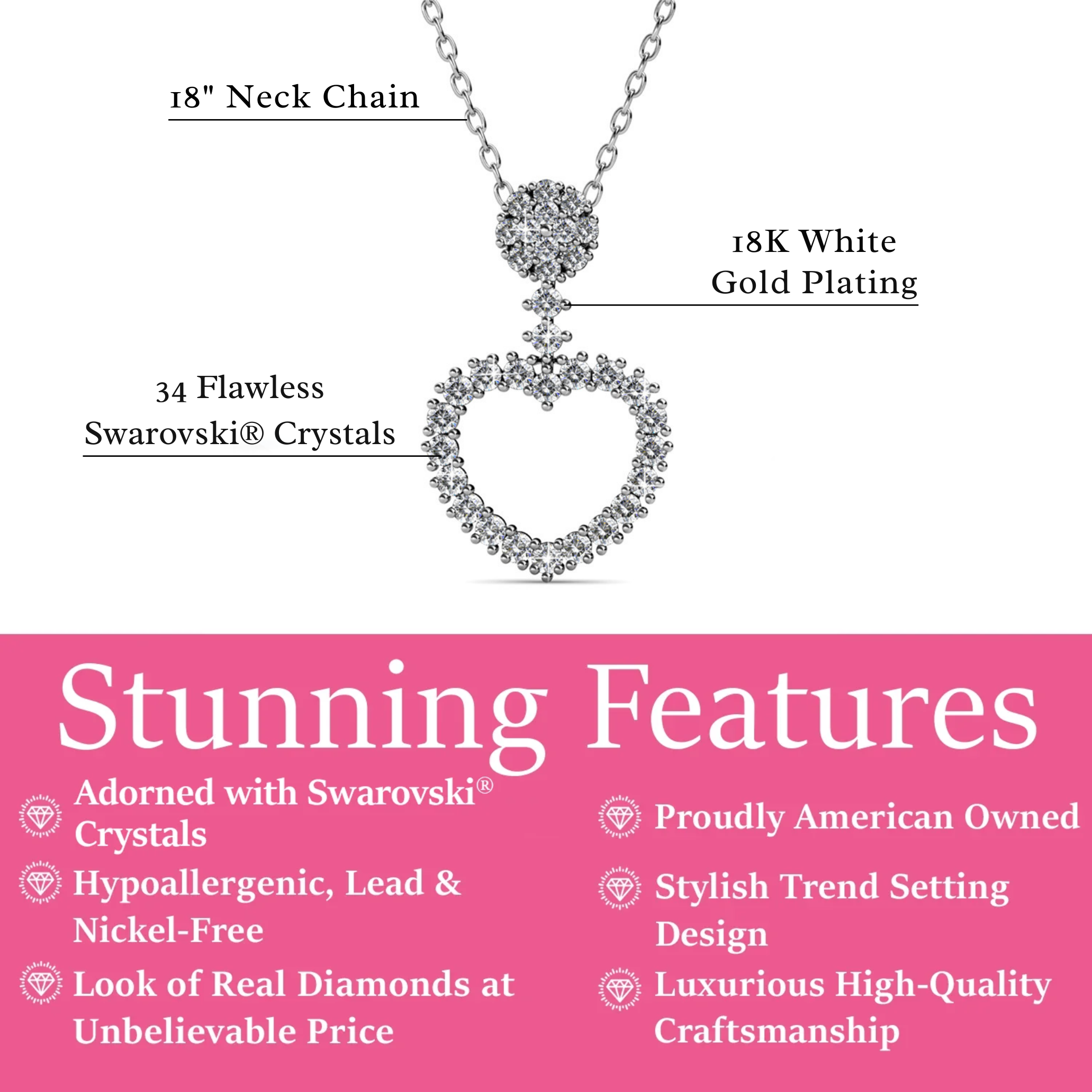 Brynn 18k White Gold Plated Heart Pendant Necklace with Swarovski Crystals
