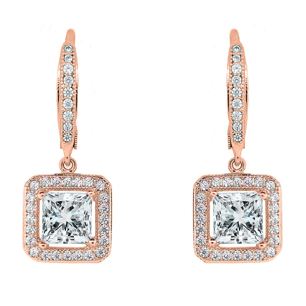 Ivy 18k White Gold Plated Halo Drop Earrings with Princess Cut Simulated Diamond Crystals