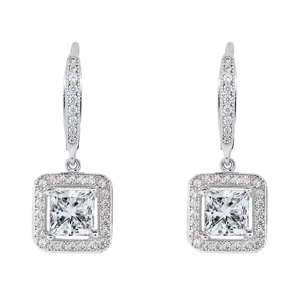 Ivy 18k White Gold Plated Halo Drop Earrings with Princess Cut CZ Crystal