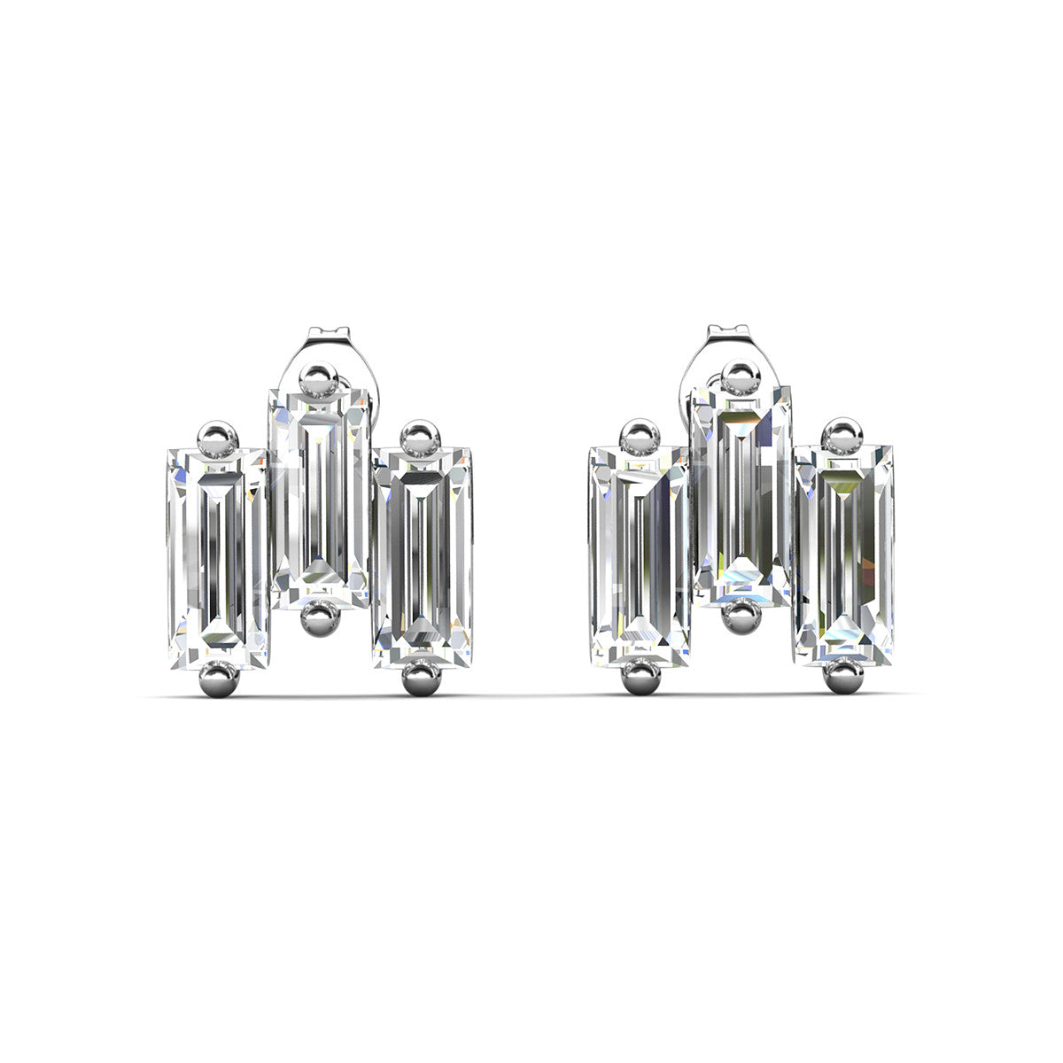 Jovie 18k White Gold Plated 3-Stone Emerald Cut Stud Earrings & To Bridesmaid Leaf Card