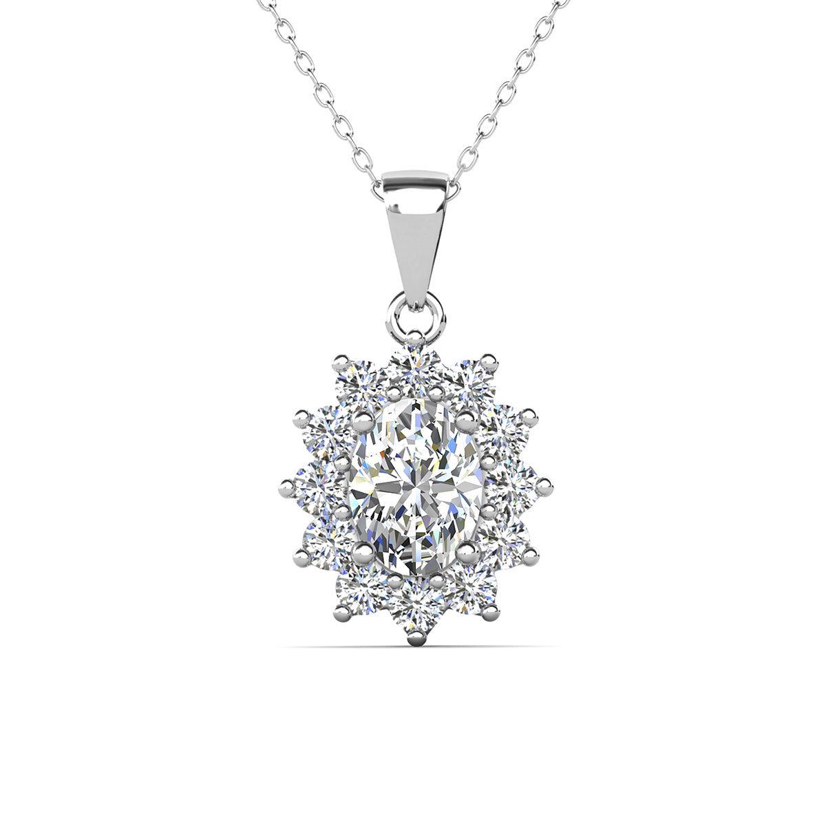 Sage 18k White Gold Plated Stud Earrings and Necklace Set with Oval Cut Simulated Diamond Crystals