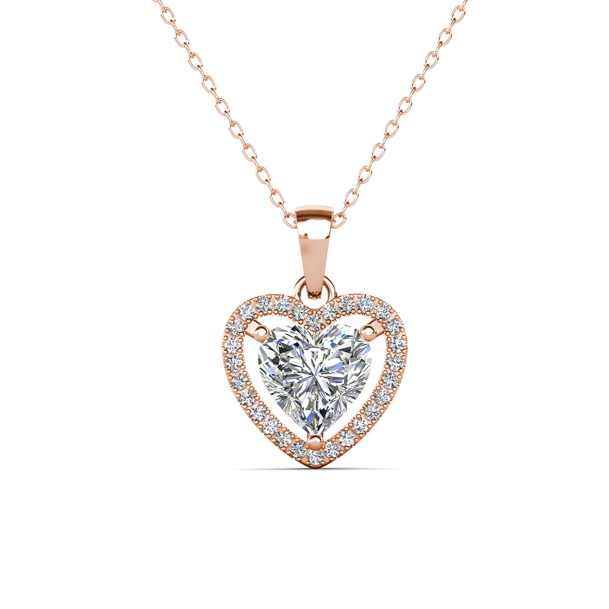 Amora 18k White Gold Plated Halo Heart Pendant Necklace with Simulated Diamond Crystals