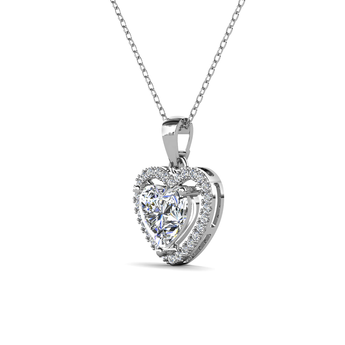 Amora 18k White Gold Plated Halo Heart Pendant Necklace with Simulated Diamond Crystals