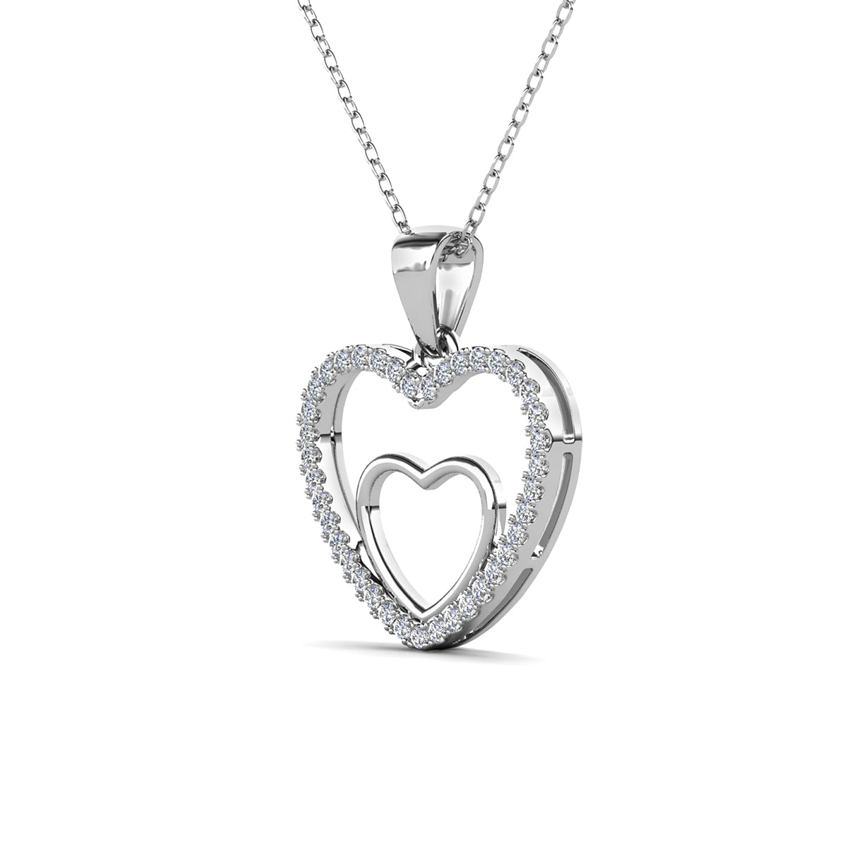 Amorette 18k White Gold Plated Double Heart Pendant Necklace with Pave Simulated Diamond Crystals