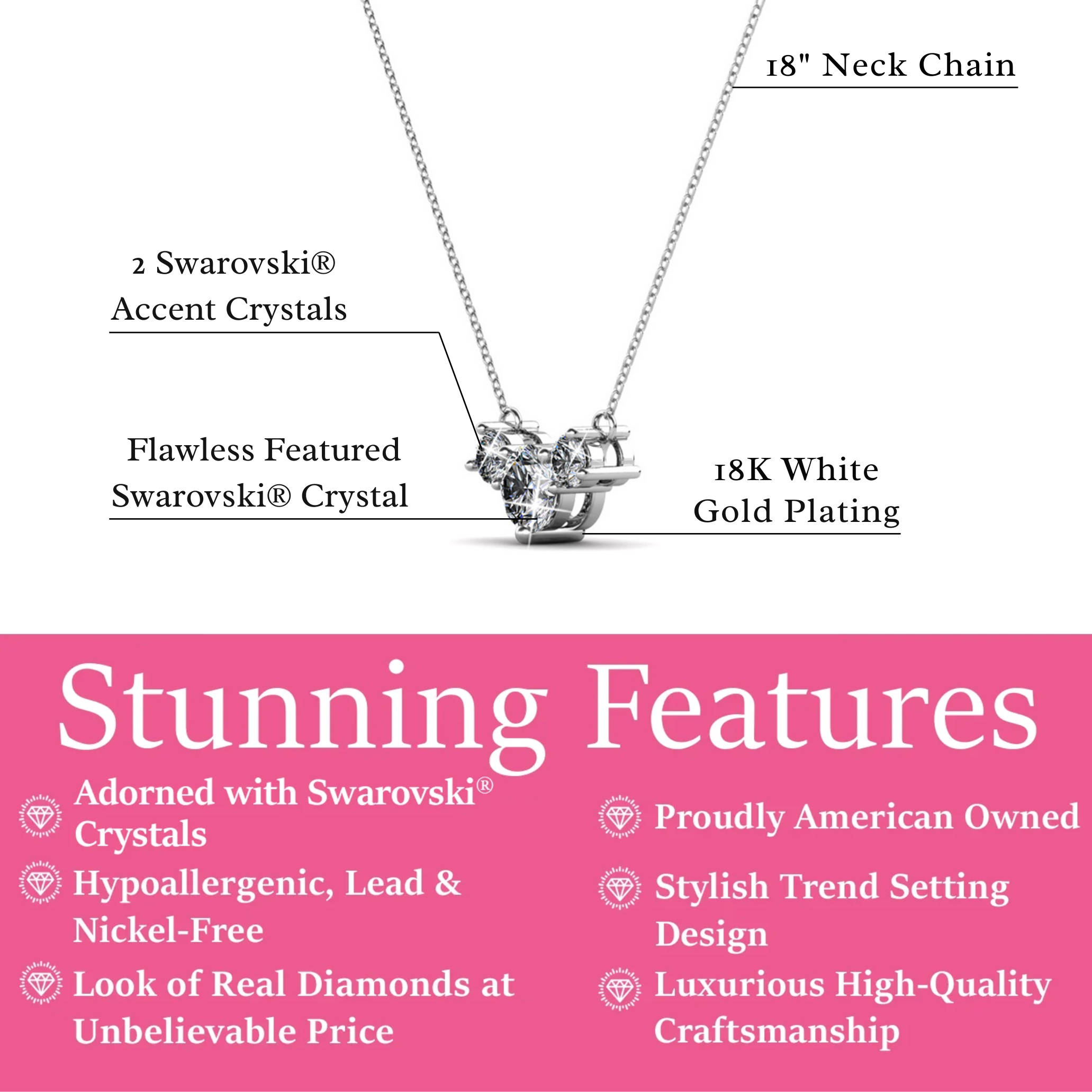 Calliope 18k White Gold Plated 3-Stone Pendant Necklace with Swarovski Crystals