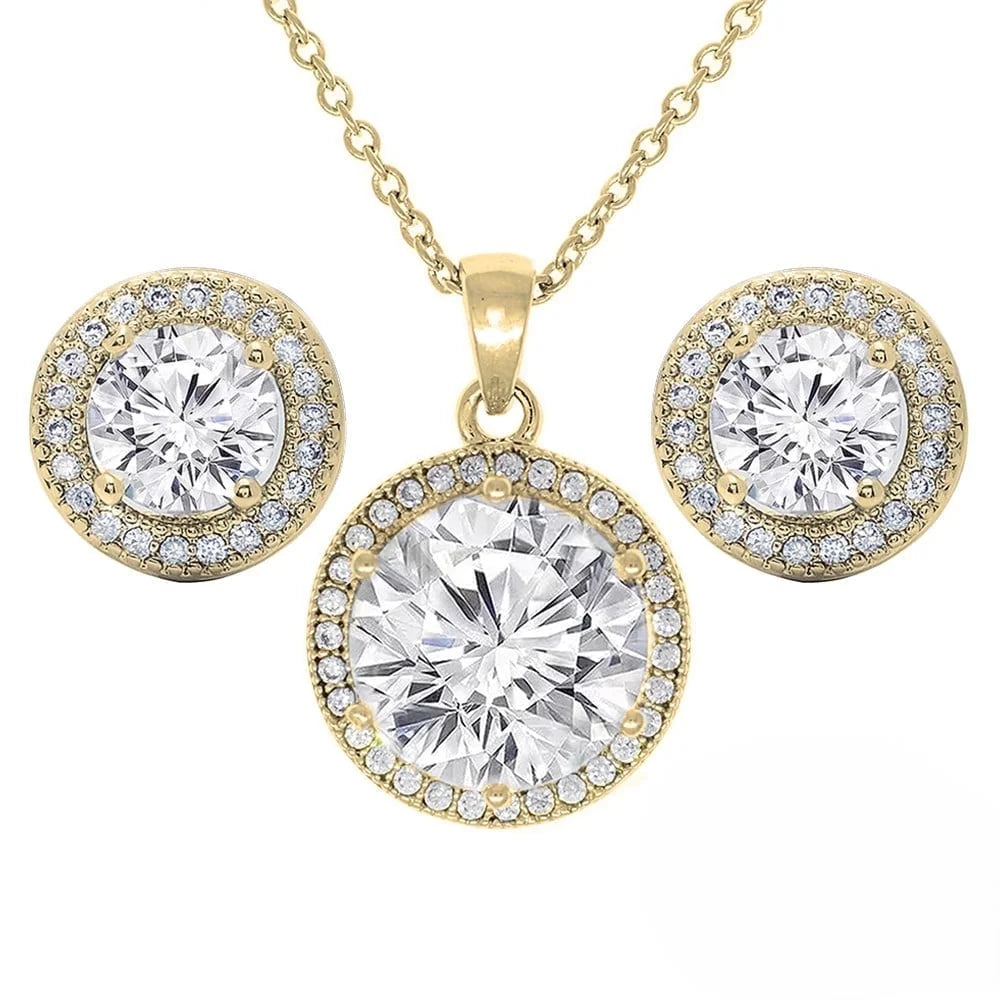 Mariah 18k Gold Round Cut Halo Pendant Necklace and Earrings Jewelry Set  with Simulated Diamond Crystals