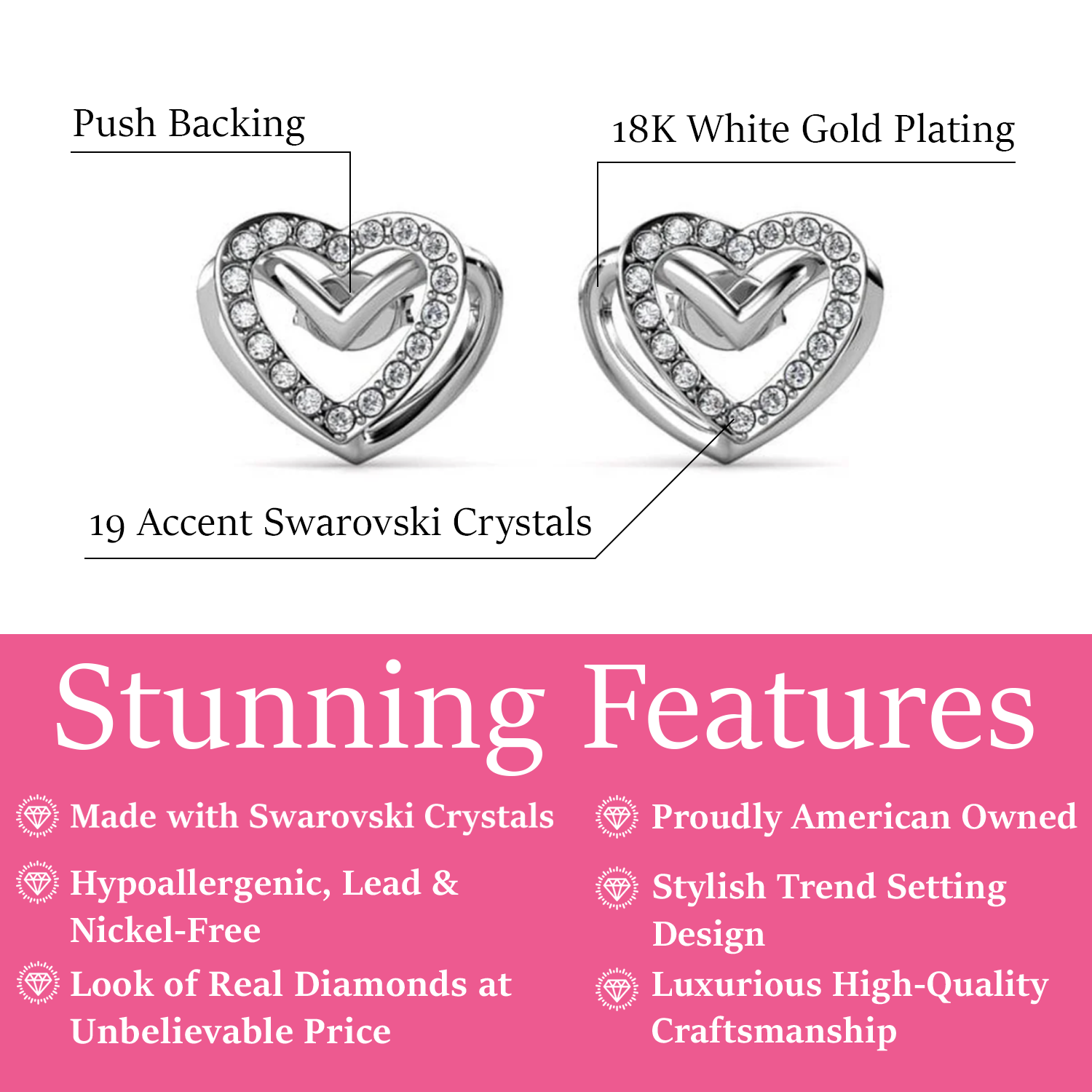 Cathy 18k White Gold Plated Heart Stud Earrings with Swarovski Crystals