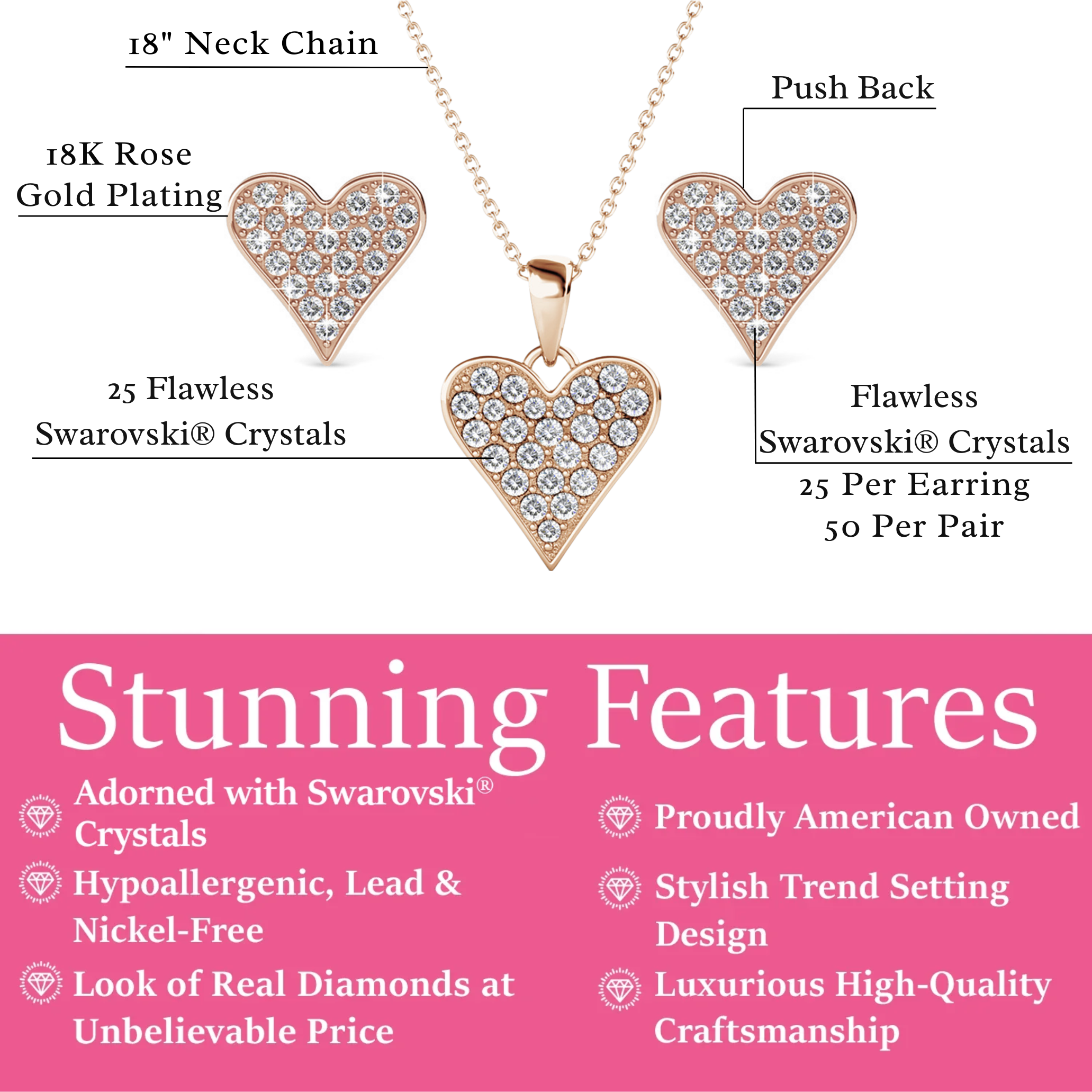 Cecilia 18k White Gold Heart Necklace and Stud Earrings Jewelry Set with Crystals