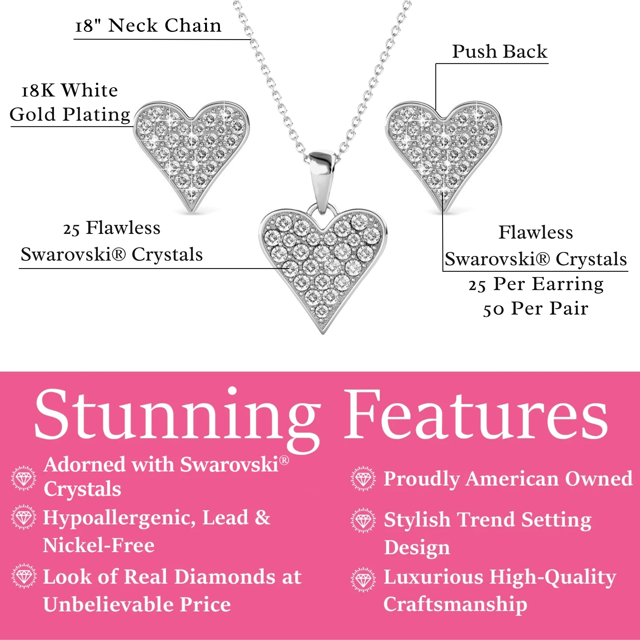 Cecilia 18k White Gold Heart Necklace and Stud Earrings Jewelry Set with Crystals