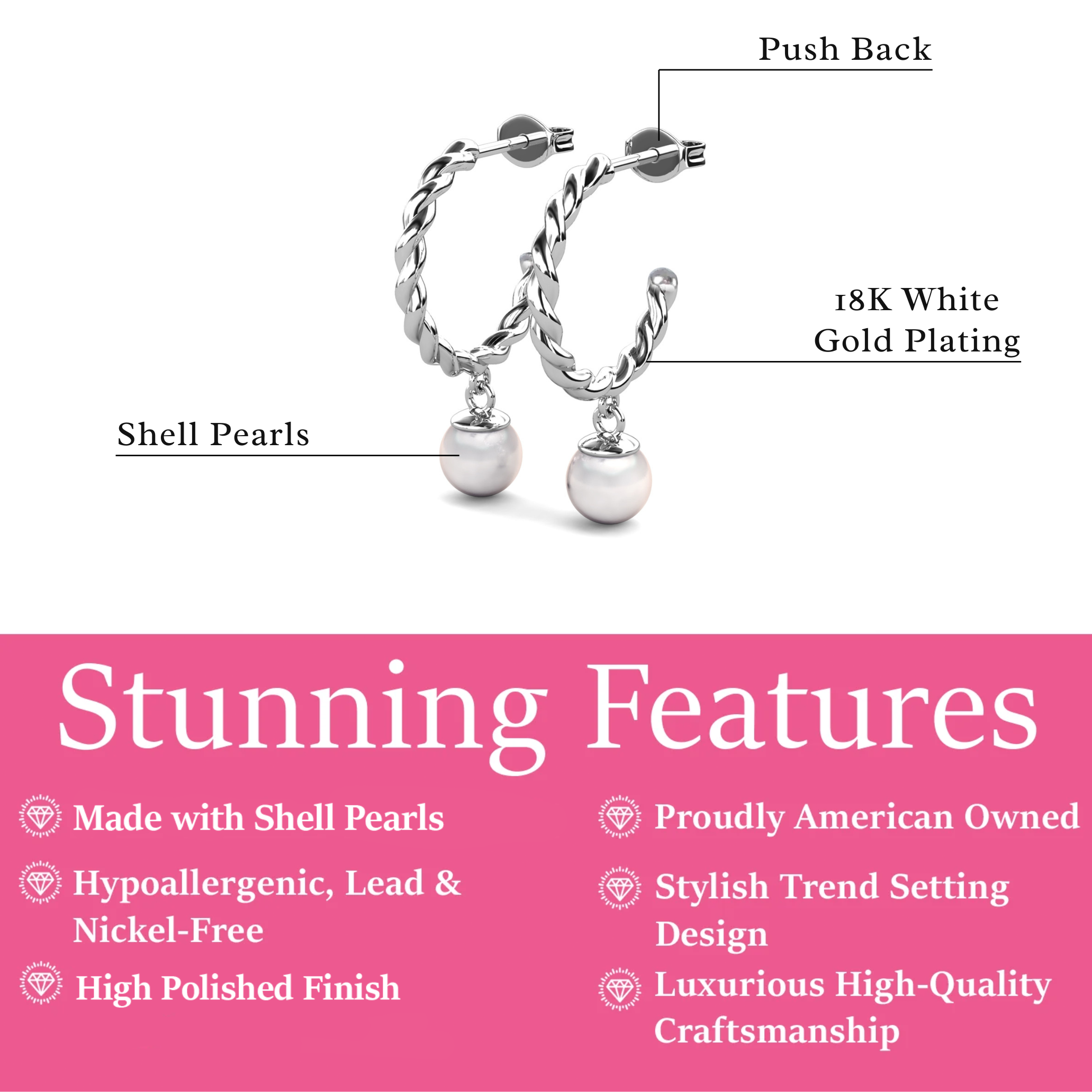Cheyanne 18k White Gold Plated 16mm Twisted Half Hoop Drop Pearl Earrings - Fab Fav Deals