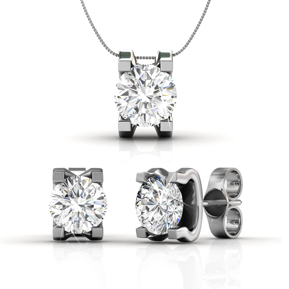 Clara 18k White Gold Plated Necklace and Earrings Jewelry Set with Solitaire Round Cut Crystal
