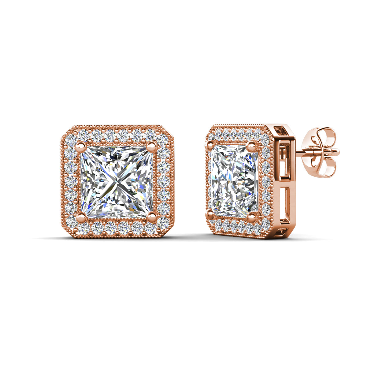 Norah 18k White Gold Plated Princess Cut Halo Stud Earrings with Simulated Diamond Crystals