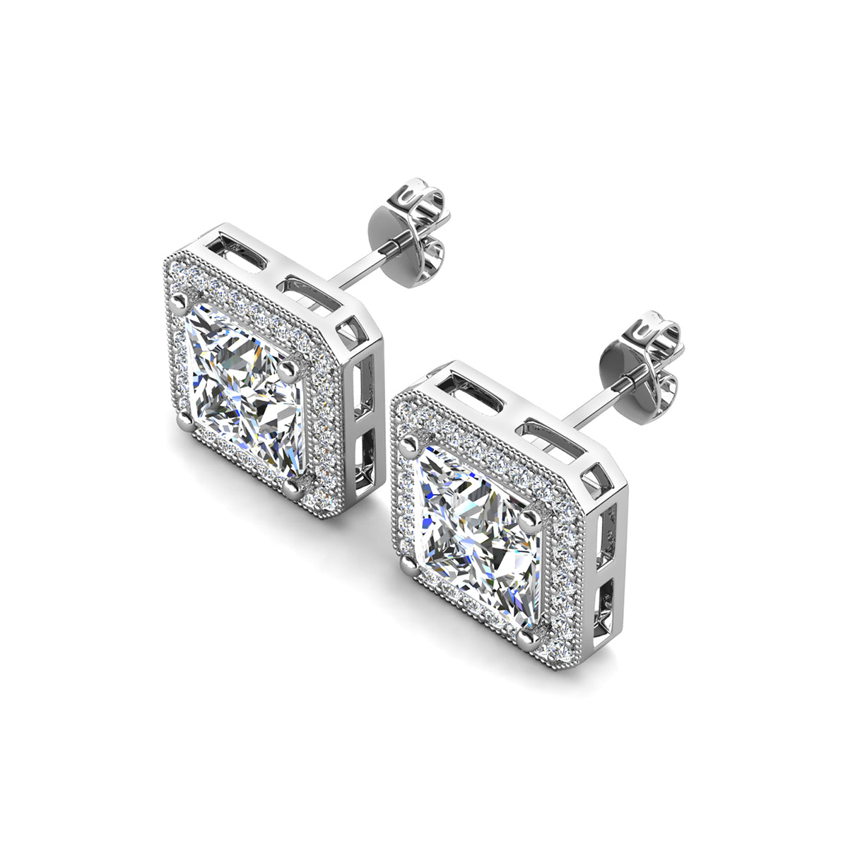 Norah 18k White Gold Plated Princess Cut Halo Stud Earrings with Simulated Diamond Crystals