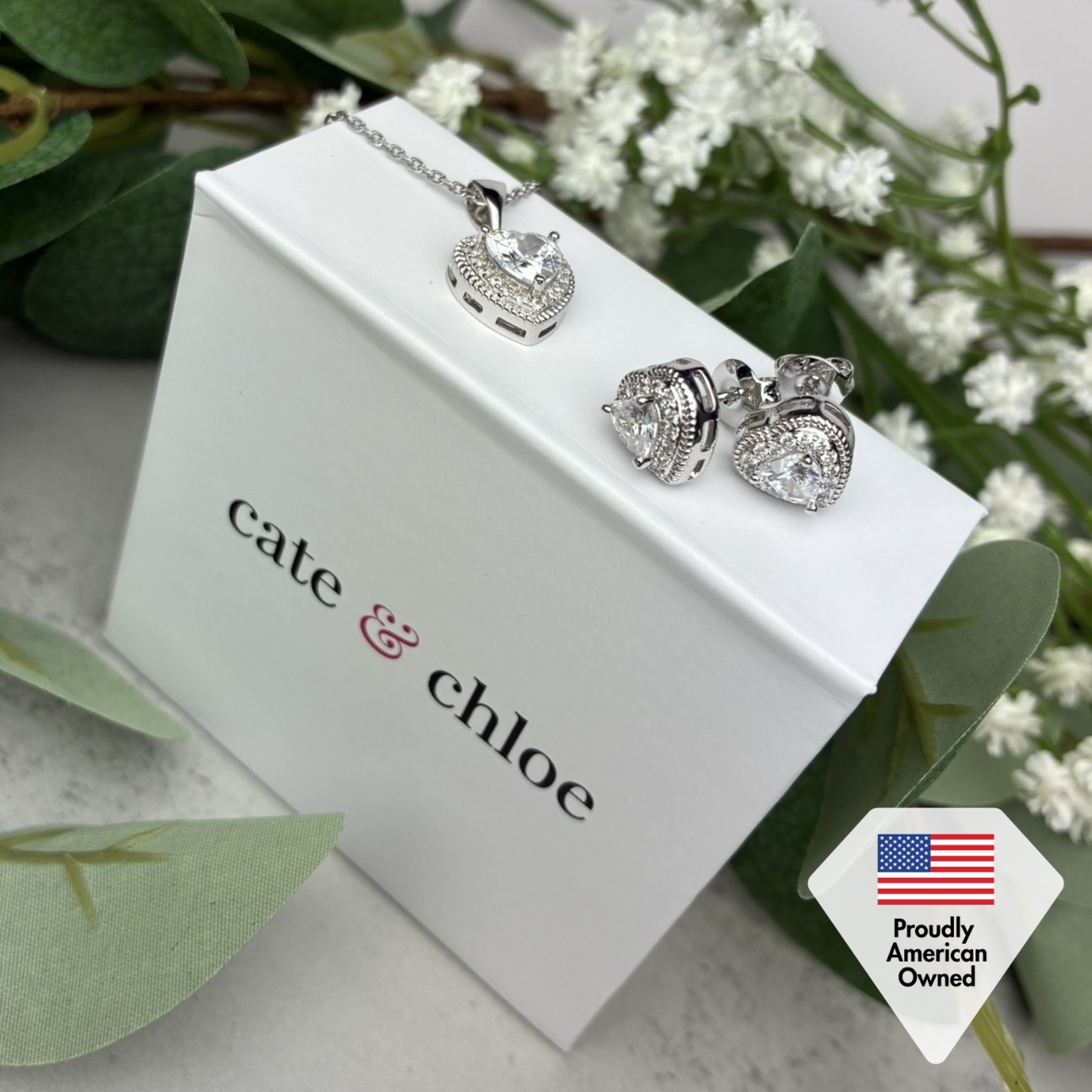 Coraline 18k White Gold Plated Heart Stud Earrings and Necklace Jewelry Set with Simulated Diamond Crystals