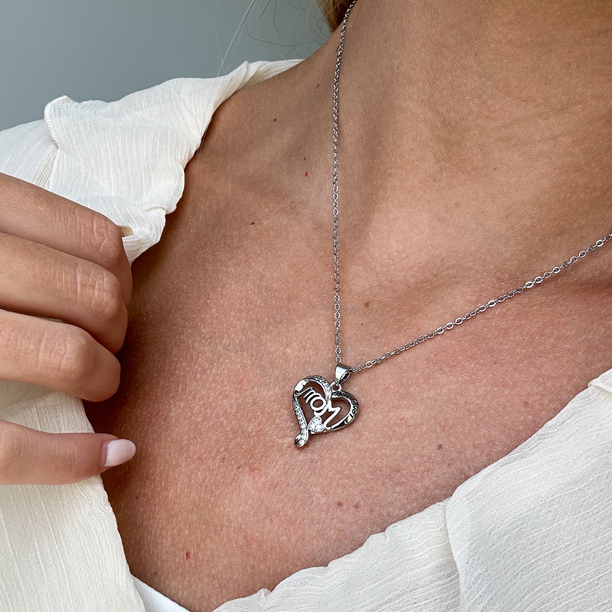 Karina 18k White Gold Plated Mom Heart Pendant Necklace with Swarovski Crystals