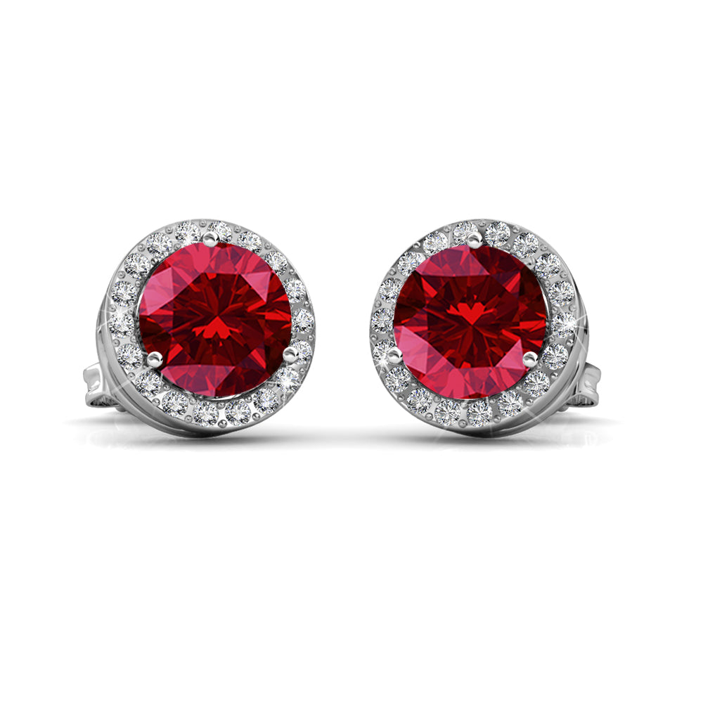 Royal January Birthstone Garnet Earrings, 18k White Gold Plated Silver Halo Earrings with Round Cut Crystals