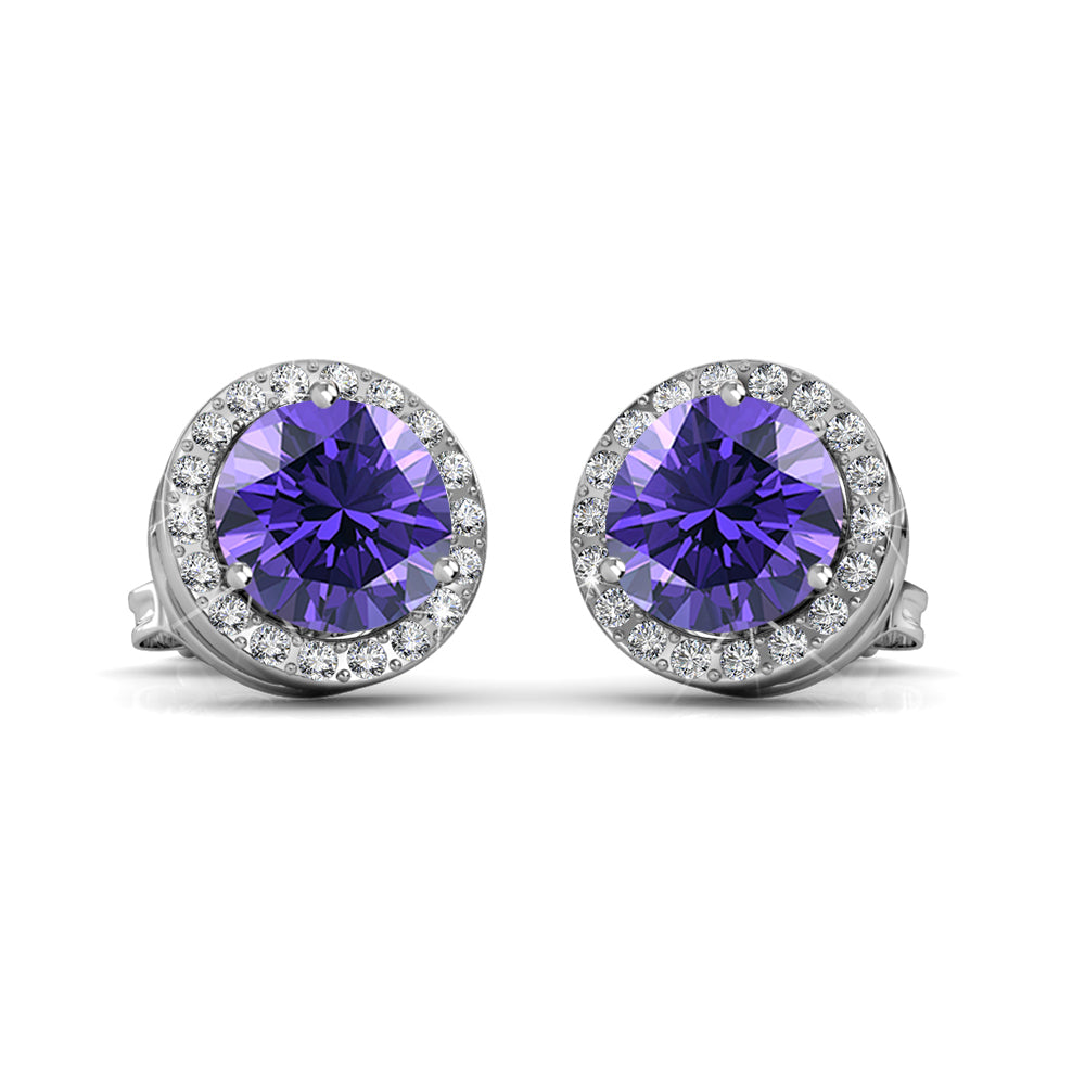 Royal February Birthstone Amethyst Earrings, 18k White Gold Plated Silver Halo Earrings with Round Cut Crystals