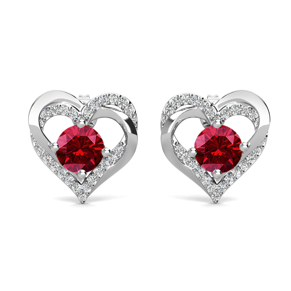 Forever January Birthstone Garnet Earrings, 18k White Gold Plated Silver Double Heart Crystal Earrings