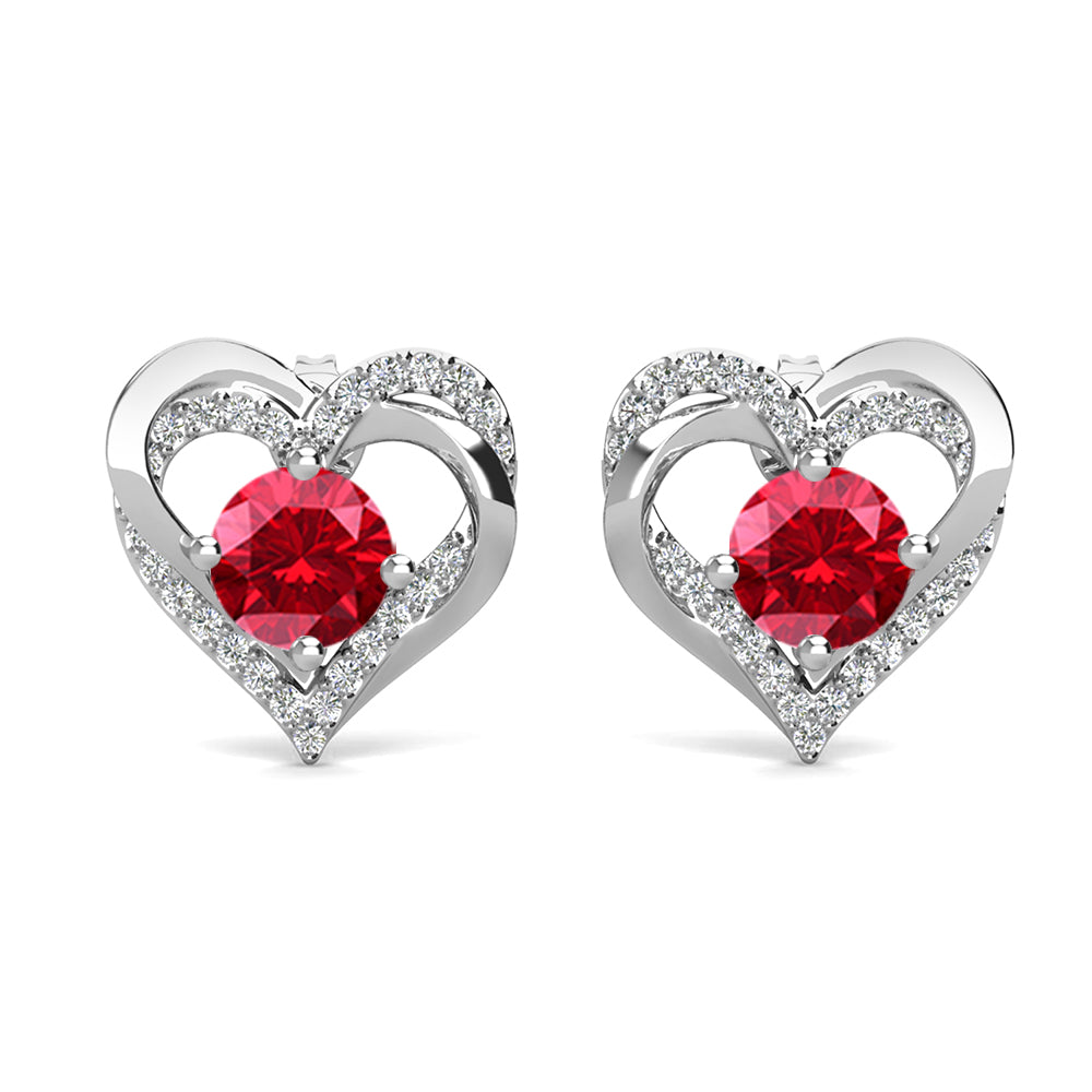 Forever July Birthstone Ruby Earrings, 18k White Gold Plated Silver Double Heart Crystal Earrings