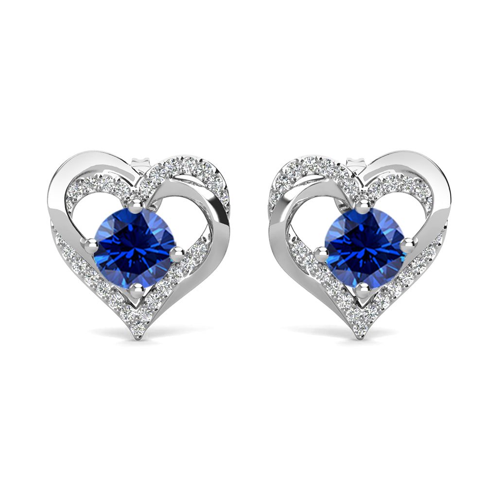 Forever September Birthstone Sapphire Earrings, 18k White Gold Plated Silver Double Heart Crystal Earrings