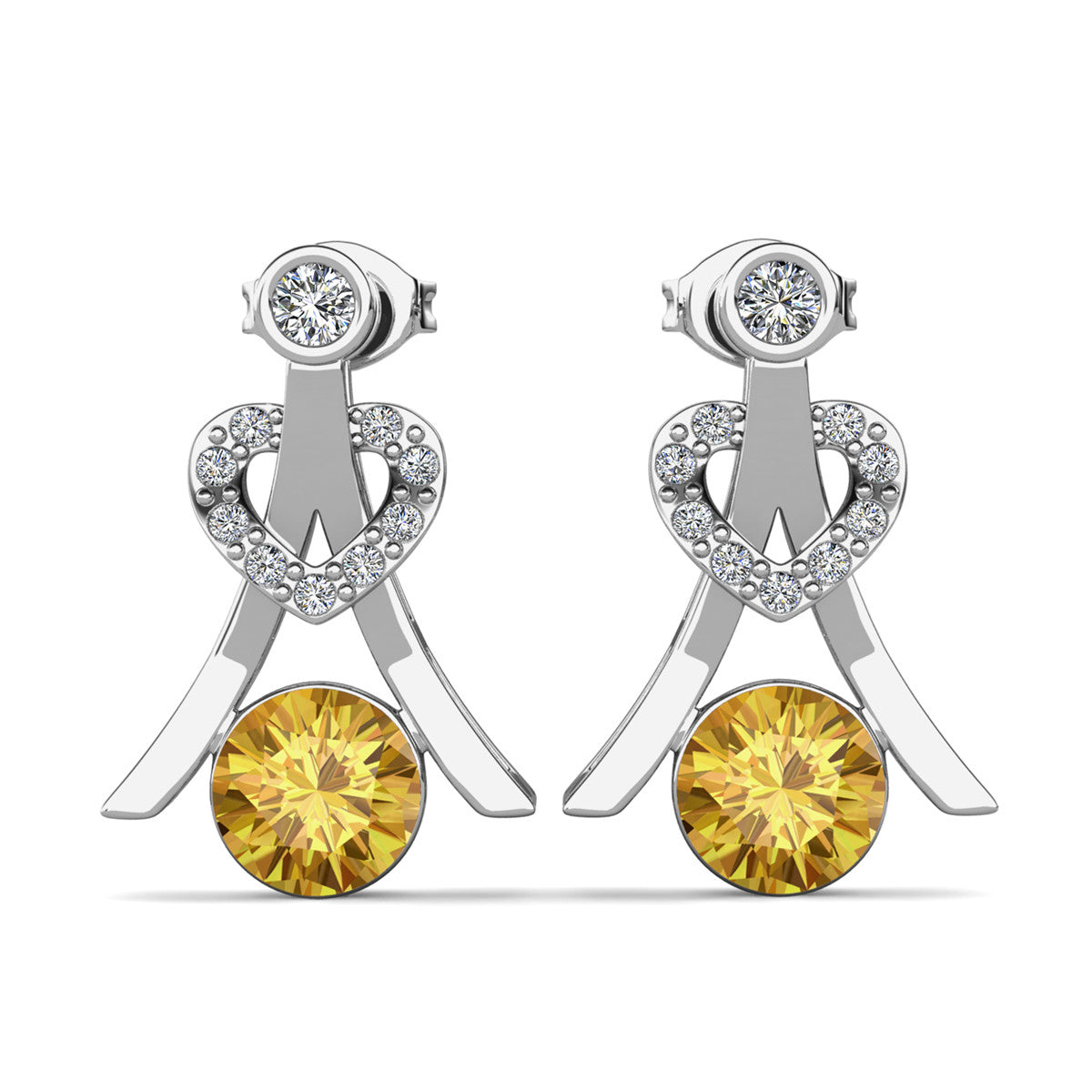 Serenity November Birthstone Citrine Earrings, 18k White Gold Plated Silver Earrings with Round Cut Crystals