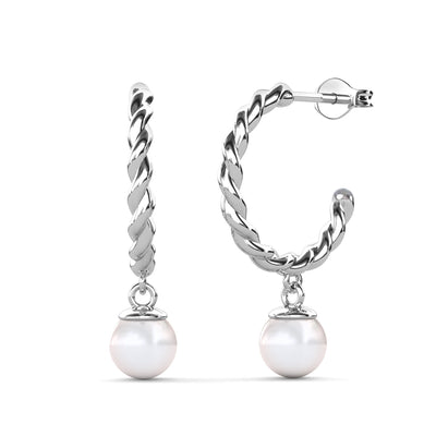 Cheyanne 18k White Gold Plated 16mm Twisted Half Hoop Drop Pearl Earrings