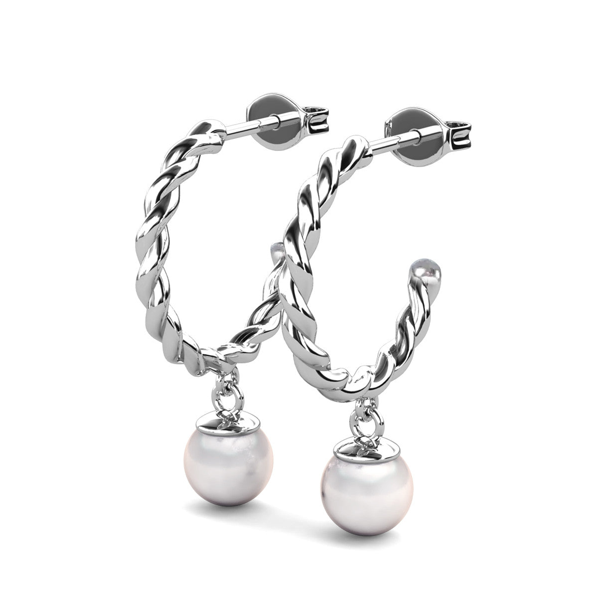 Cheyanne 18k White Gold Plated 16mm Twisted Half Hoop Drop Pearl Earrings