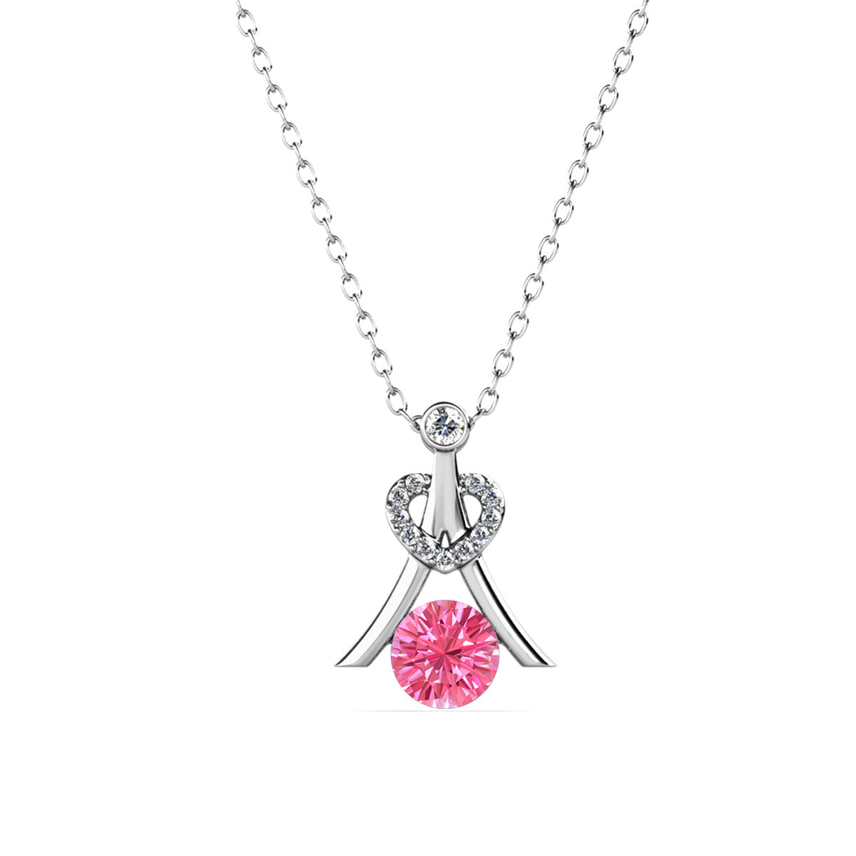 Serenity October Birthstone Pink Tourmaline Necklace, 18k White Gold Plated Silver Necklace with Round Cut Crystals