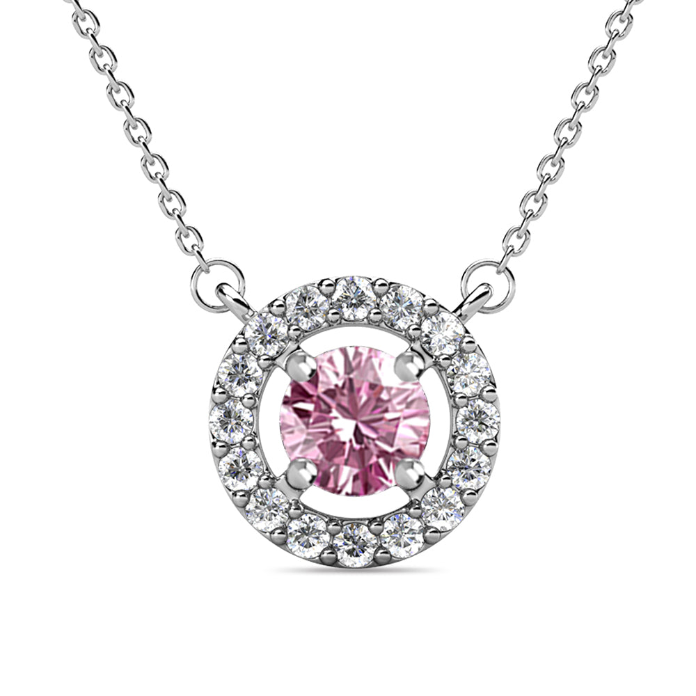 Royal October Birthstone Pink Tourmaline Necklace, 18k White Gold Plated Silver Halo Necklace with Round Cut Crystal
