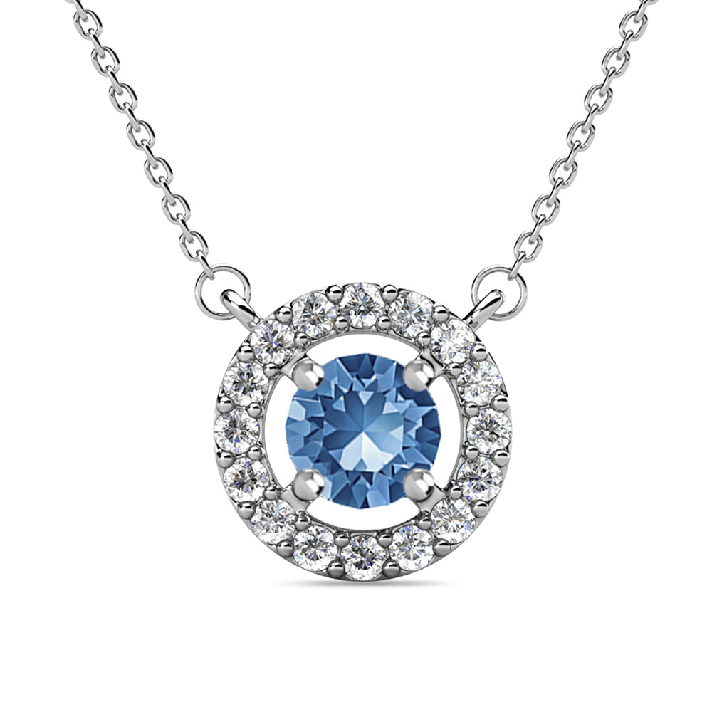 Royal December Birthstone Blue Topaz Necklace, 18k White Gold Plated Silver Halo Necklace with Round Cut Crystal