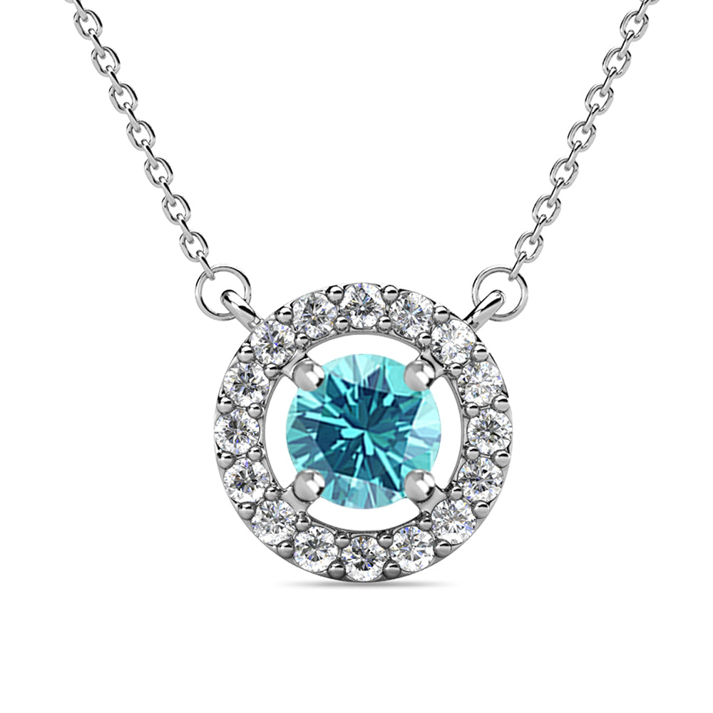 Royal March Birthstone Aquamarine Necklace, 18k White Gold Plated Silver Halo Necklace with Round Cut Crystal